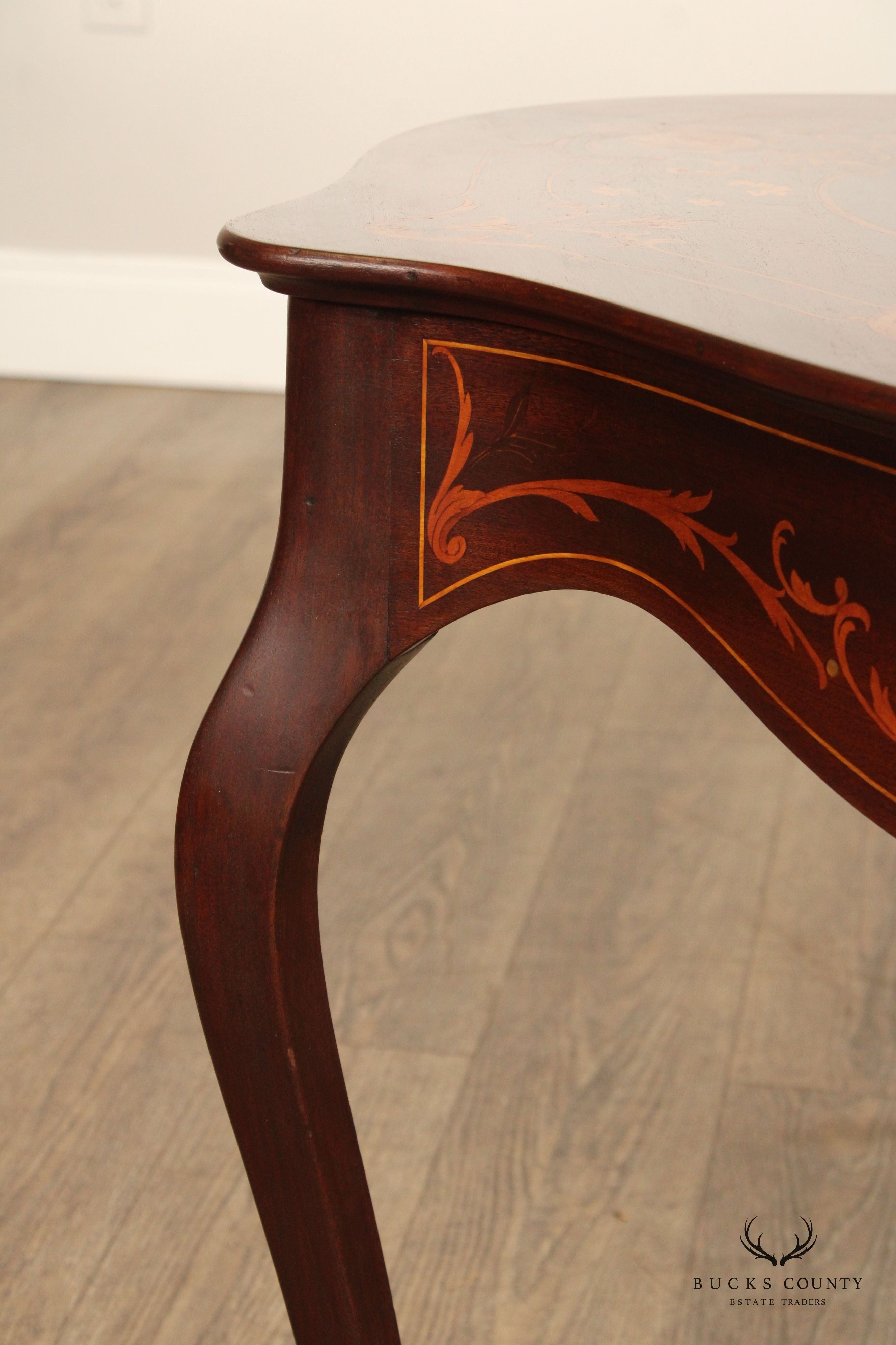 Antique Inlaid Mahogany Center Table With Floral Marquetry And Mother Of Pearl Accents