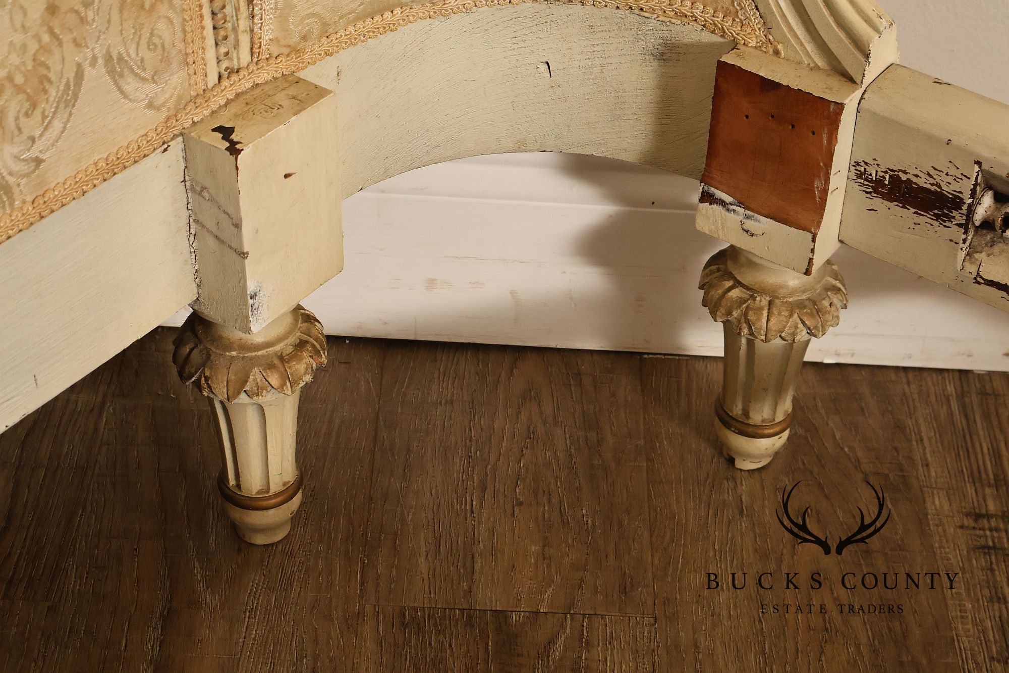 Antique French Louis XVI Style Painted & Upholstered Full Size Bed Frame
