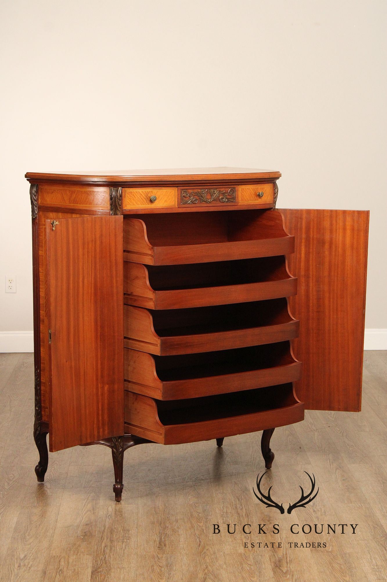 1930's French Louis XV Style Inlaid Satinwood Demilune Gentleman's High Chest