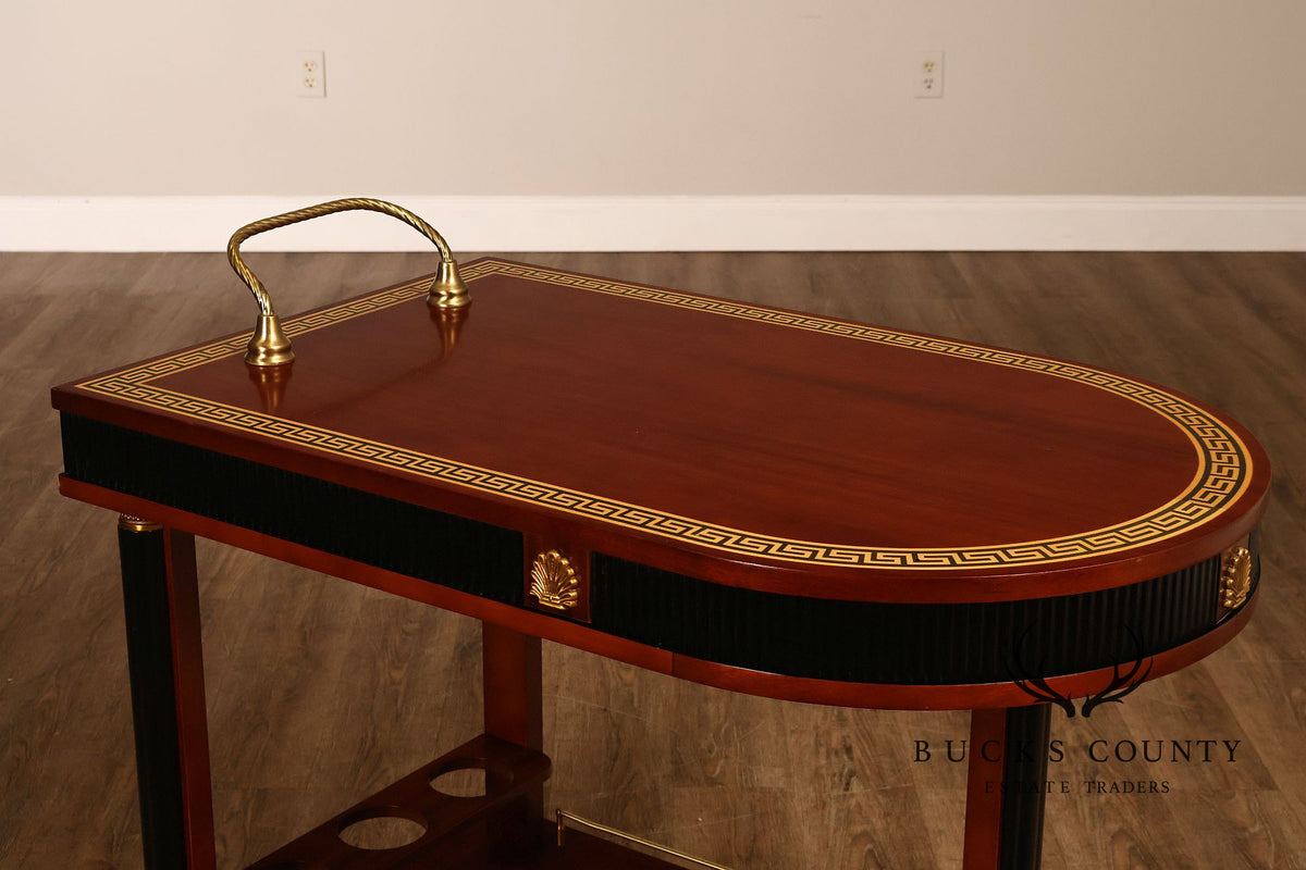 Neoclassical Style Mahogany And Ebonized Bar Cart With Greek Key Inlay And Brass Accents
