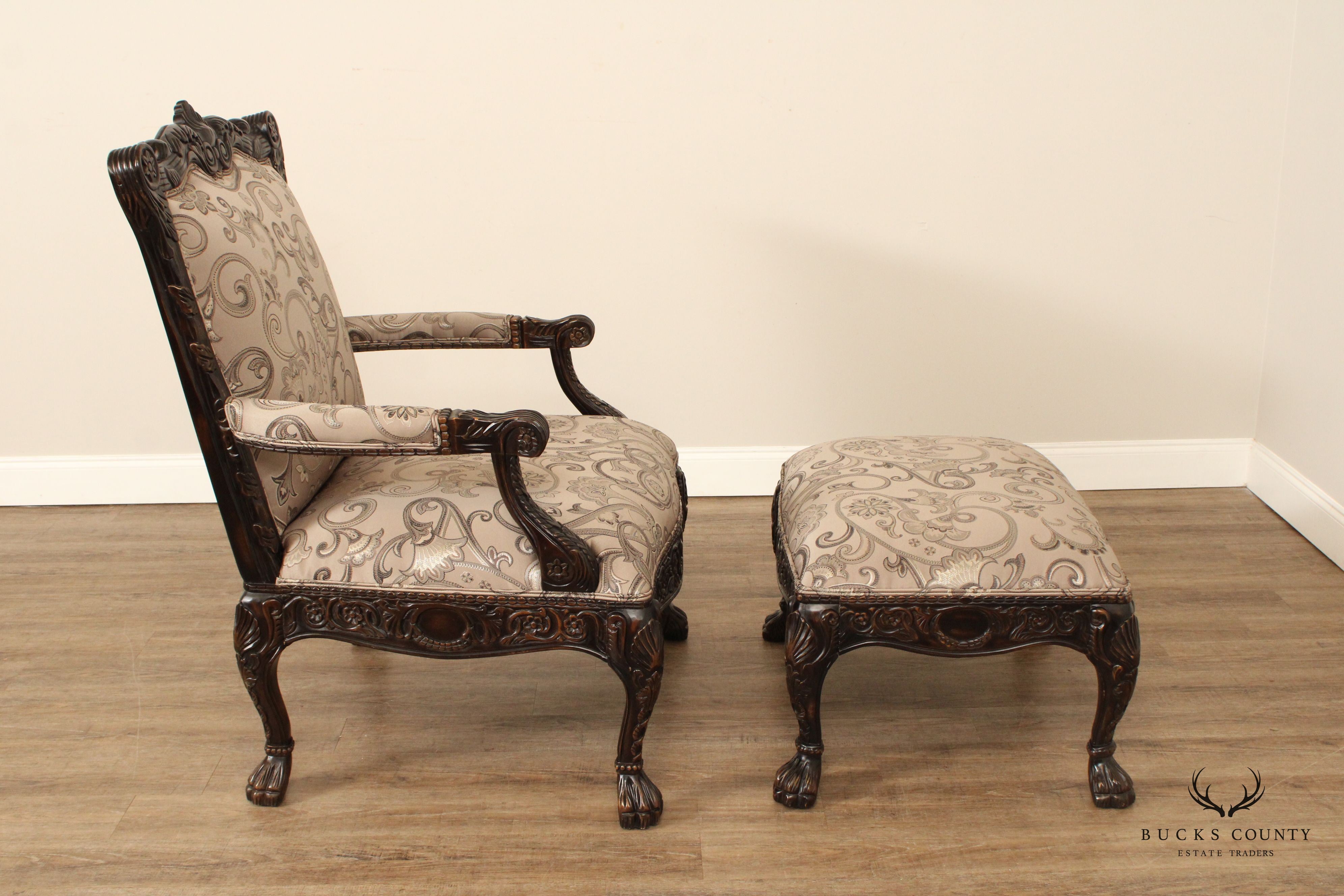 Modern Georgian Style Wide Seat Pair Of Carved Frame Custom Upholstered Armchairs With Ottoman