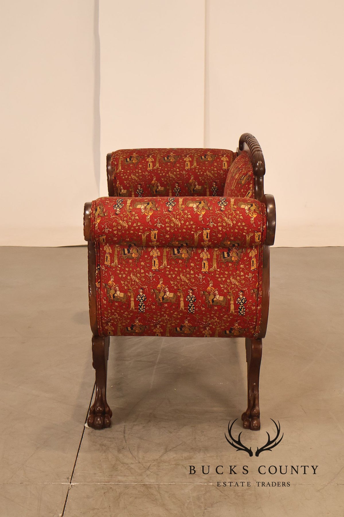 Antique American Empire Carved Mahogany Sofa With Scrolled Arms And Lion Paw Feet