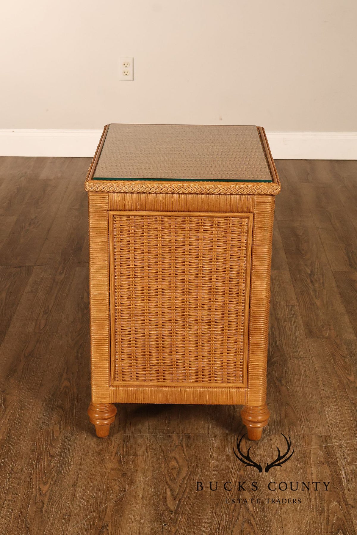Coastal Style Pair Of Wicker And Cane Two Drawer Nightstands With Glass Tops