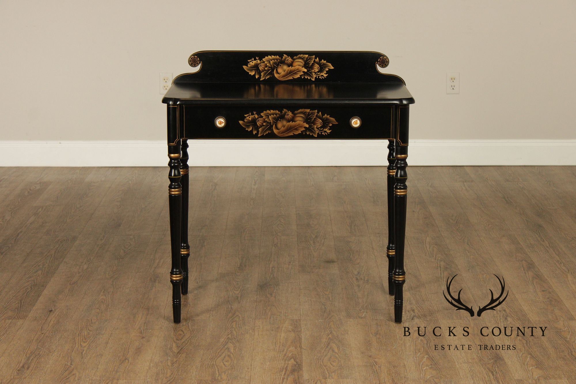 L. Hitchcock Black And Gold Stenciled Vanity Desk And Stool