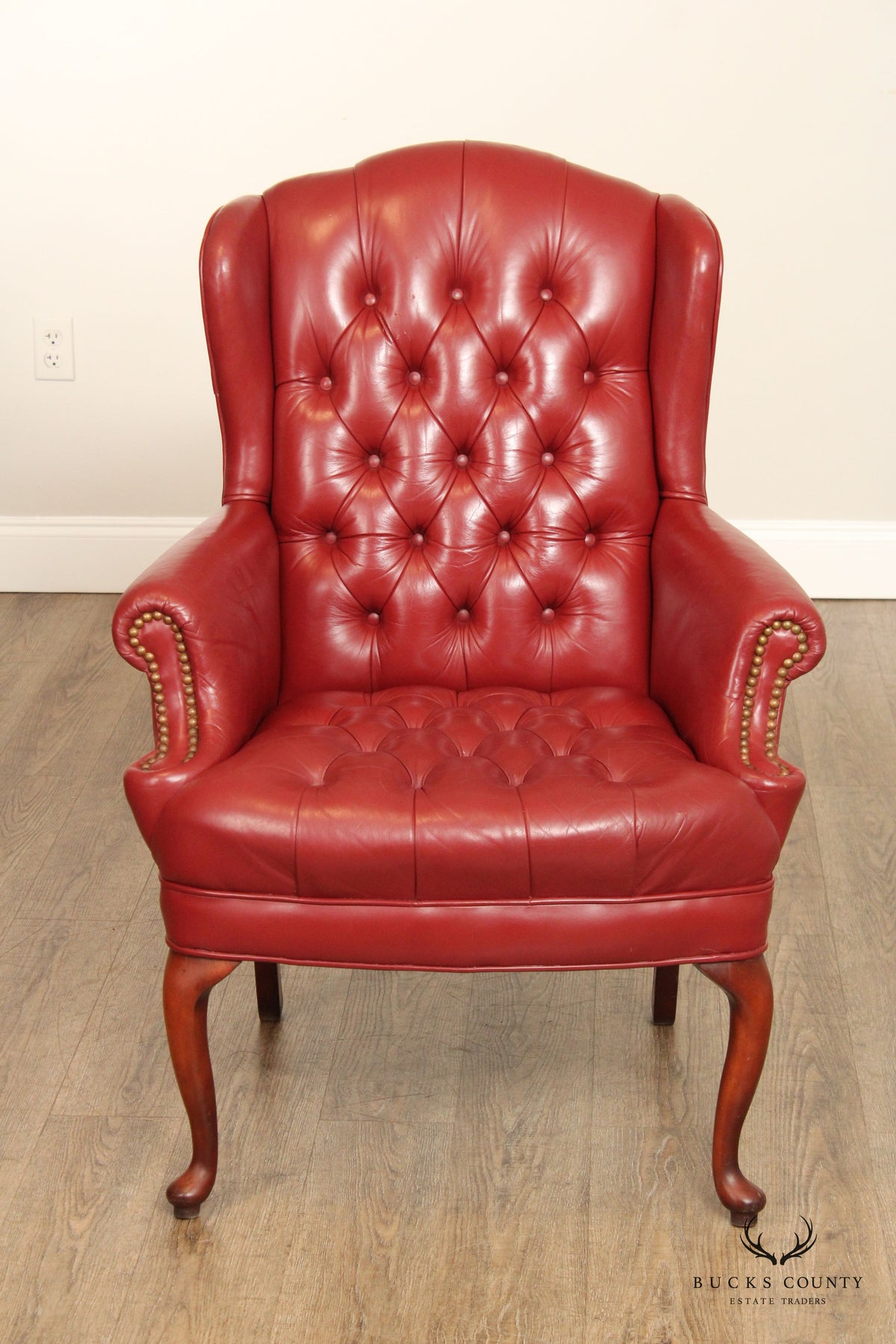 Queen Anne Style Tufted Leather Wing Chair