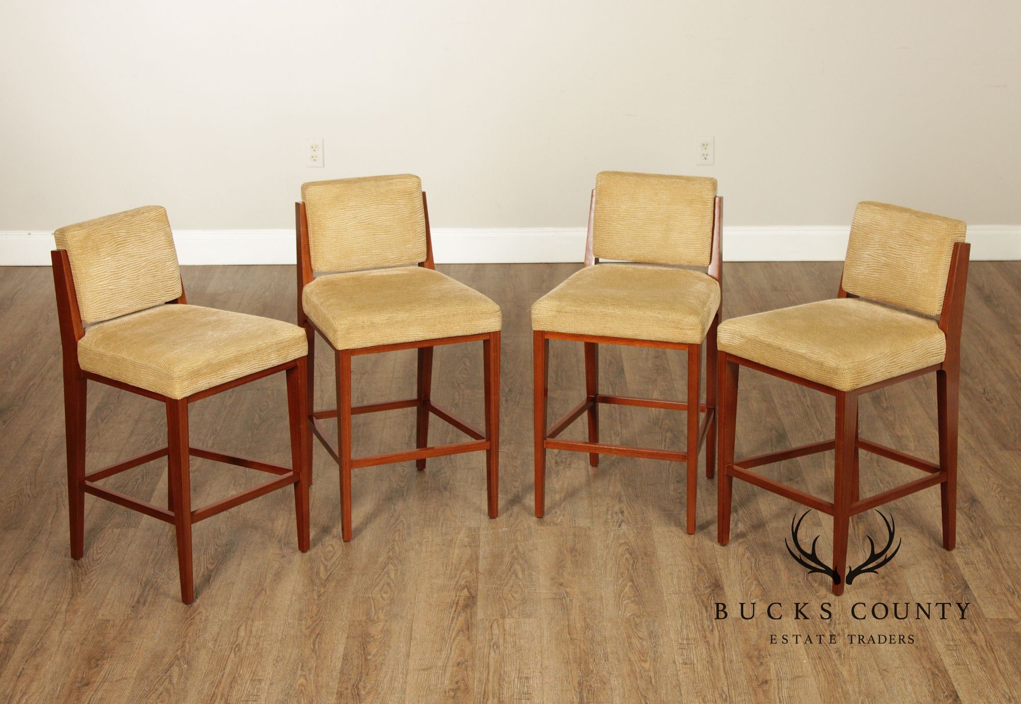 Mid Century Modern Style Set of Four Walnut Upholstered Counter Stools