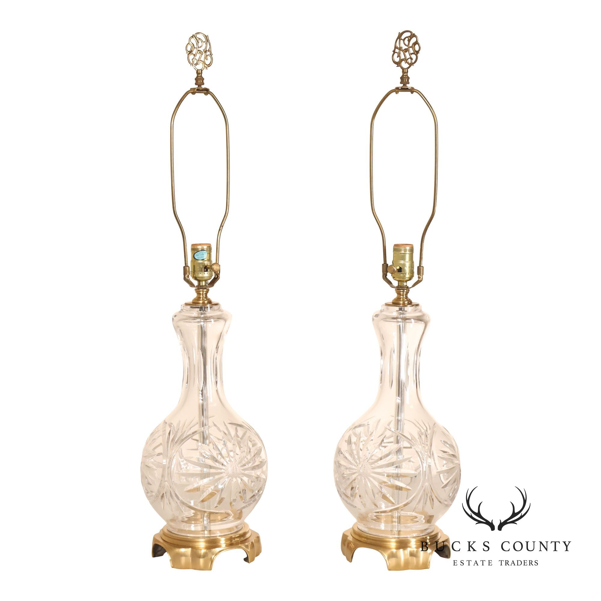 Pair Of Victorian Style Starburst Cut Crystal And Brass Table Lamps