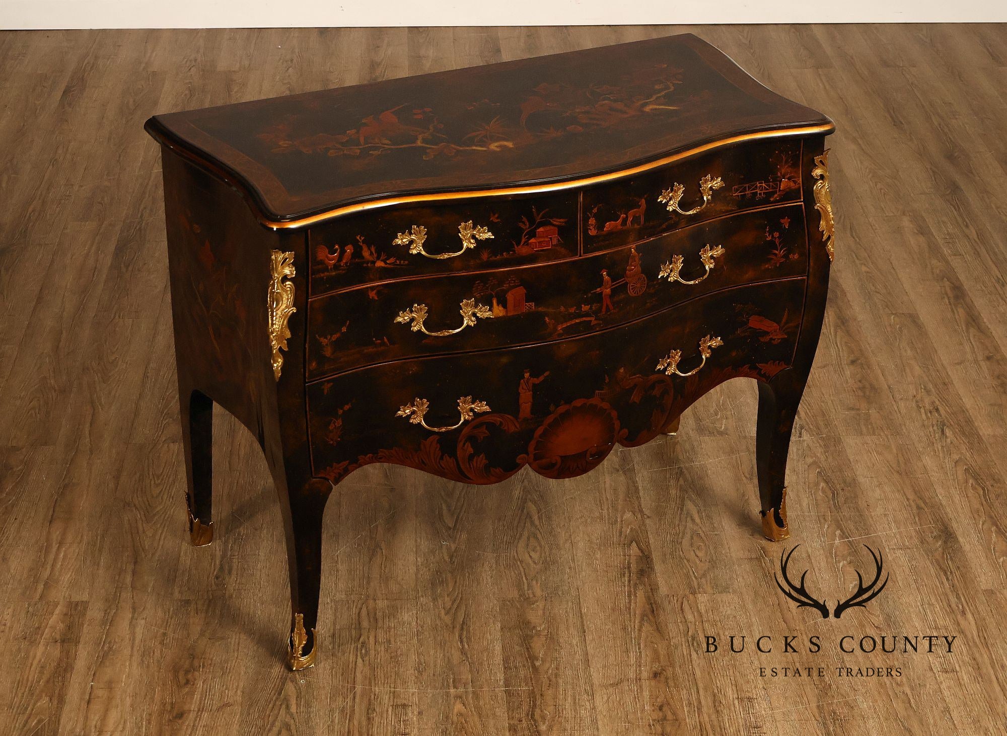 Maitland Smith Chinoiserie Hand Painted Bombe Chest