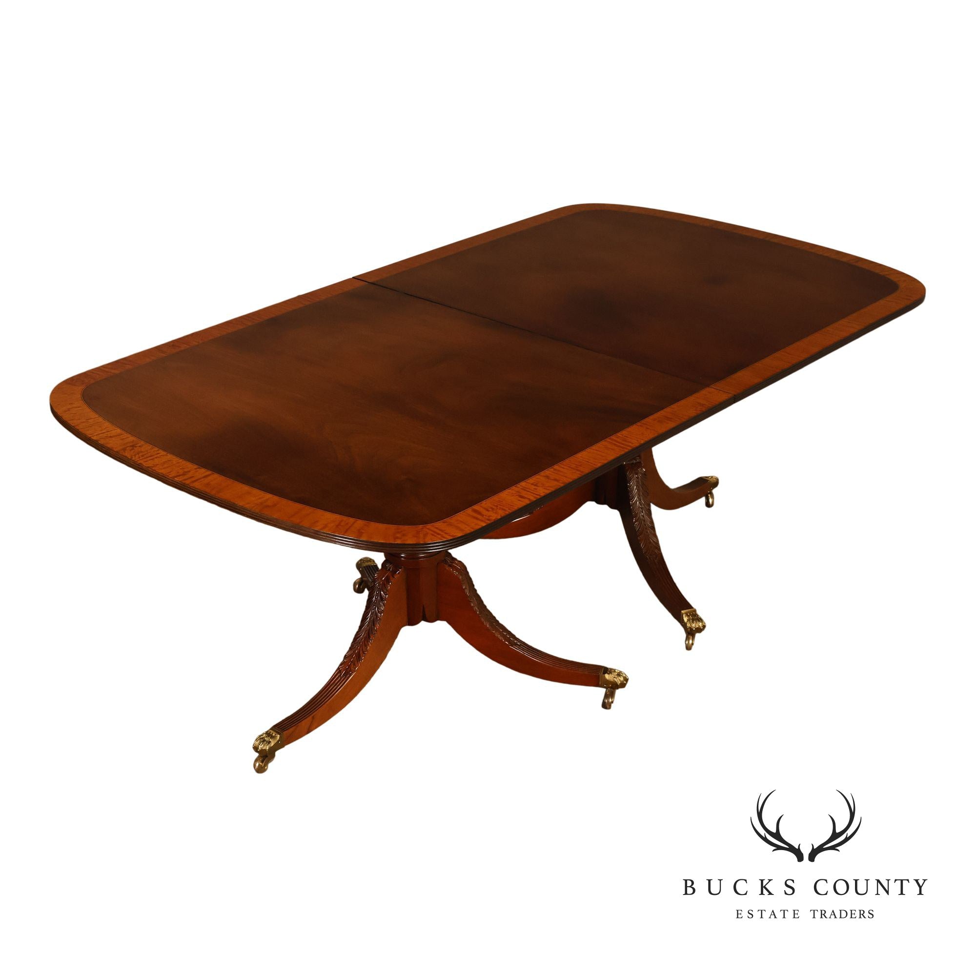 Federal Style Vintage Banded Mahogany Double Pedestal Dining Table
