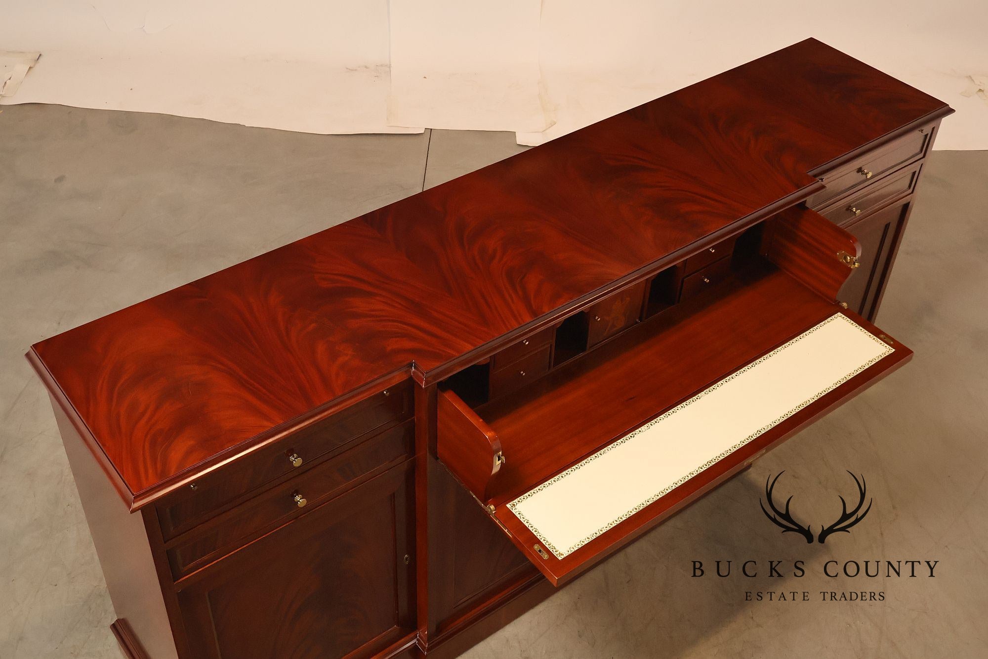Flame Mahogany Breakfront Buffet Sideboard with Drop Front Secretary Desk
