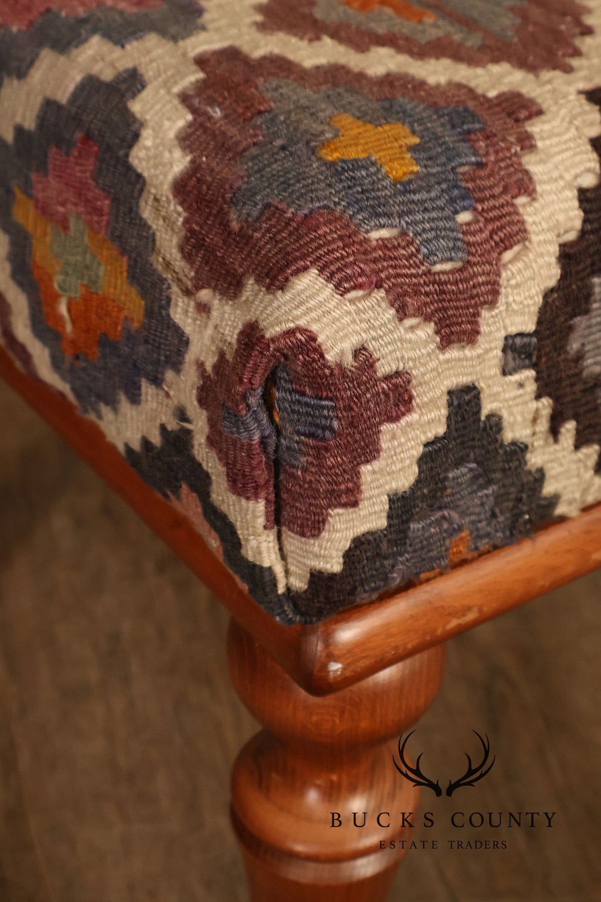 Vintage Kilim Upholstered Cherry Bench