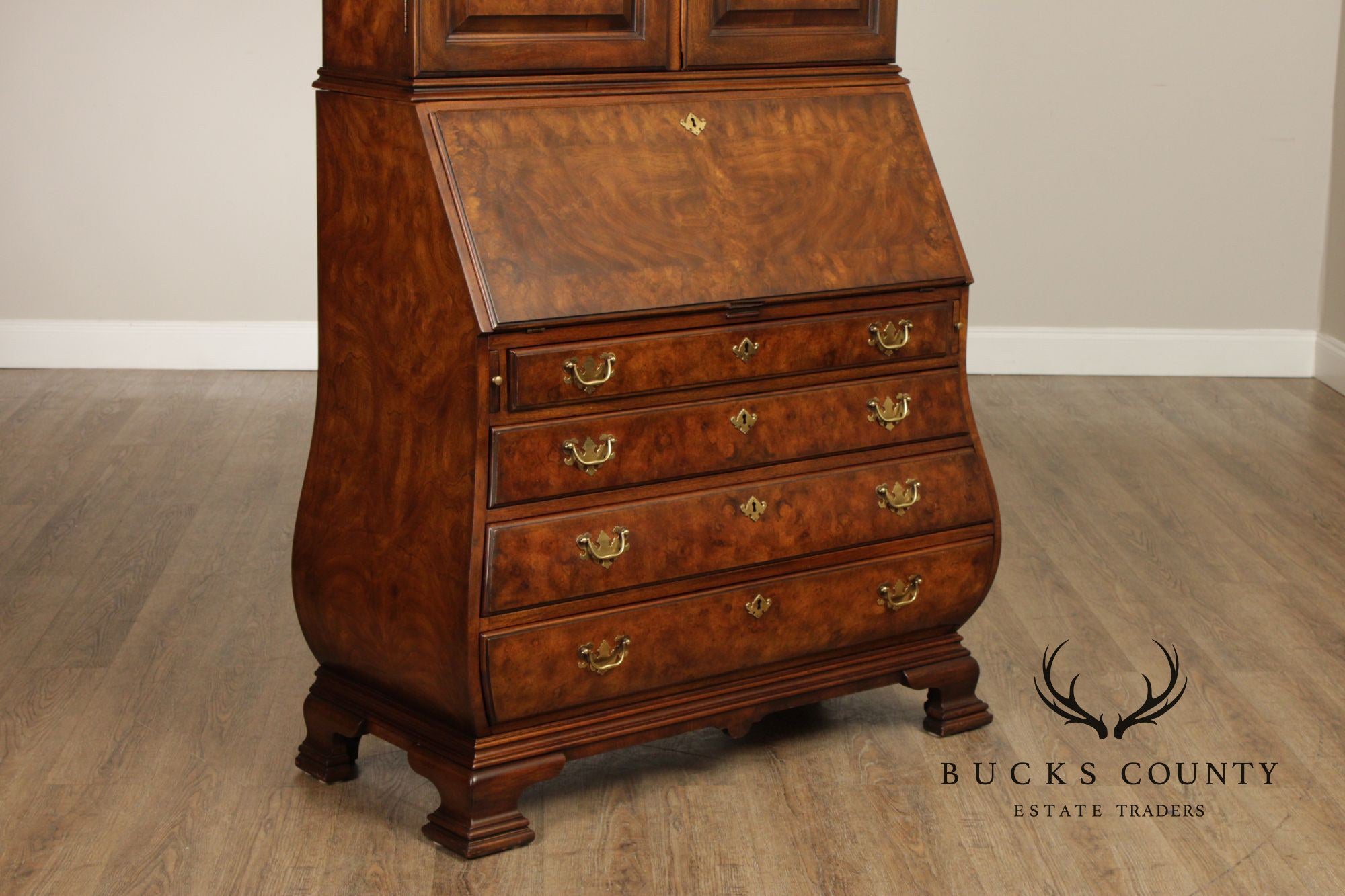 Chippendale Style Burled Walnut Bombe Secretary Desk Bookcase By Heritage Heirloom