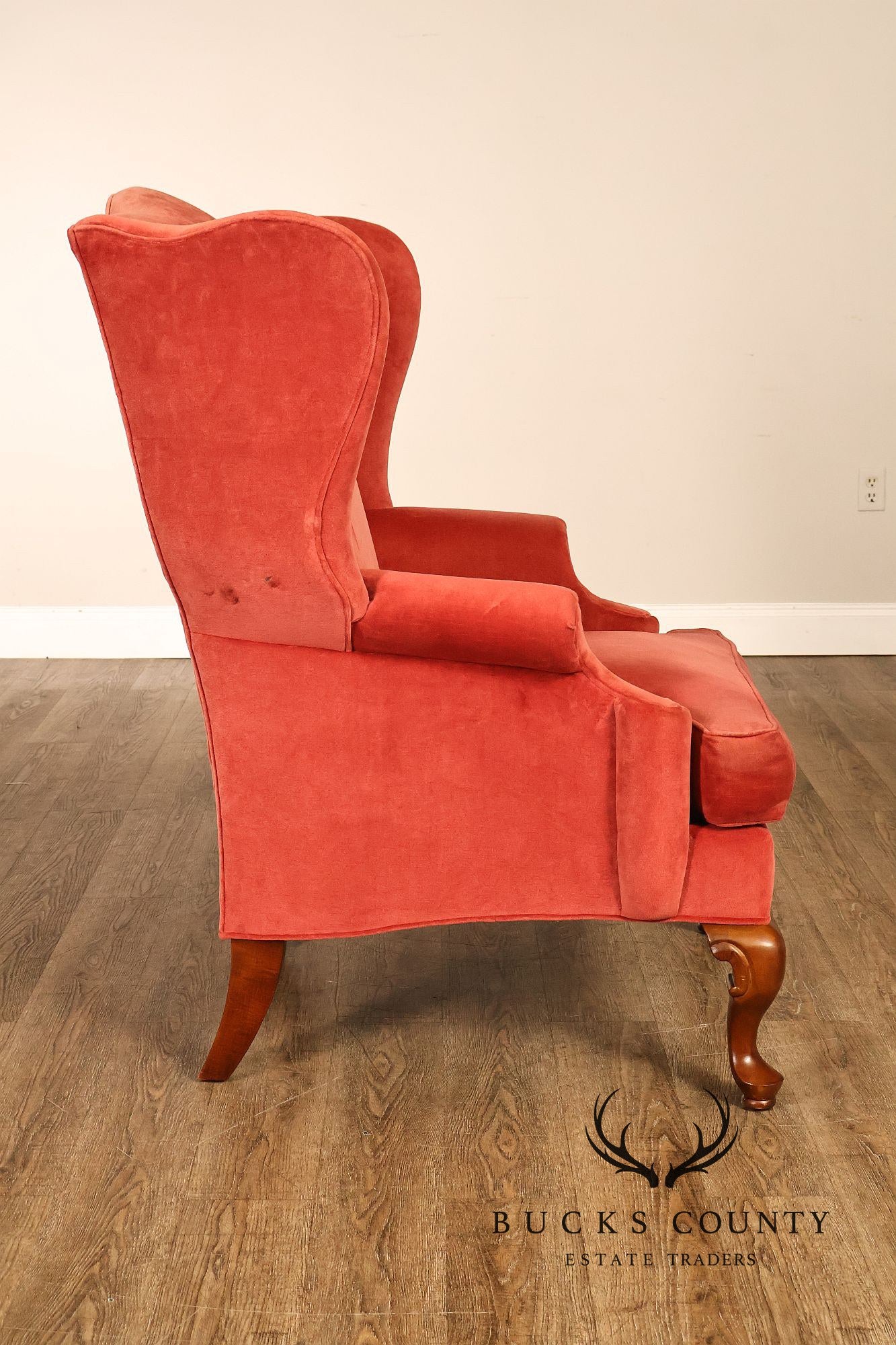 Thomasville Pair Of Traditional Coral Velvet Wingback Chairs