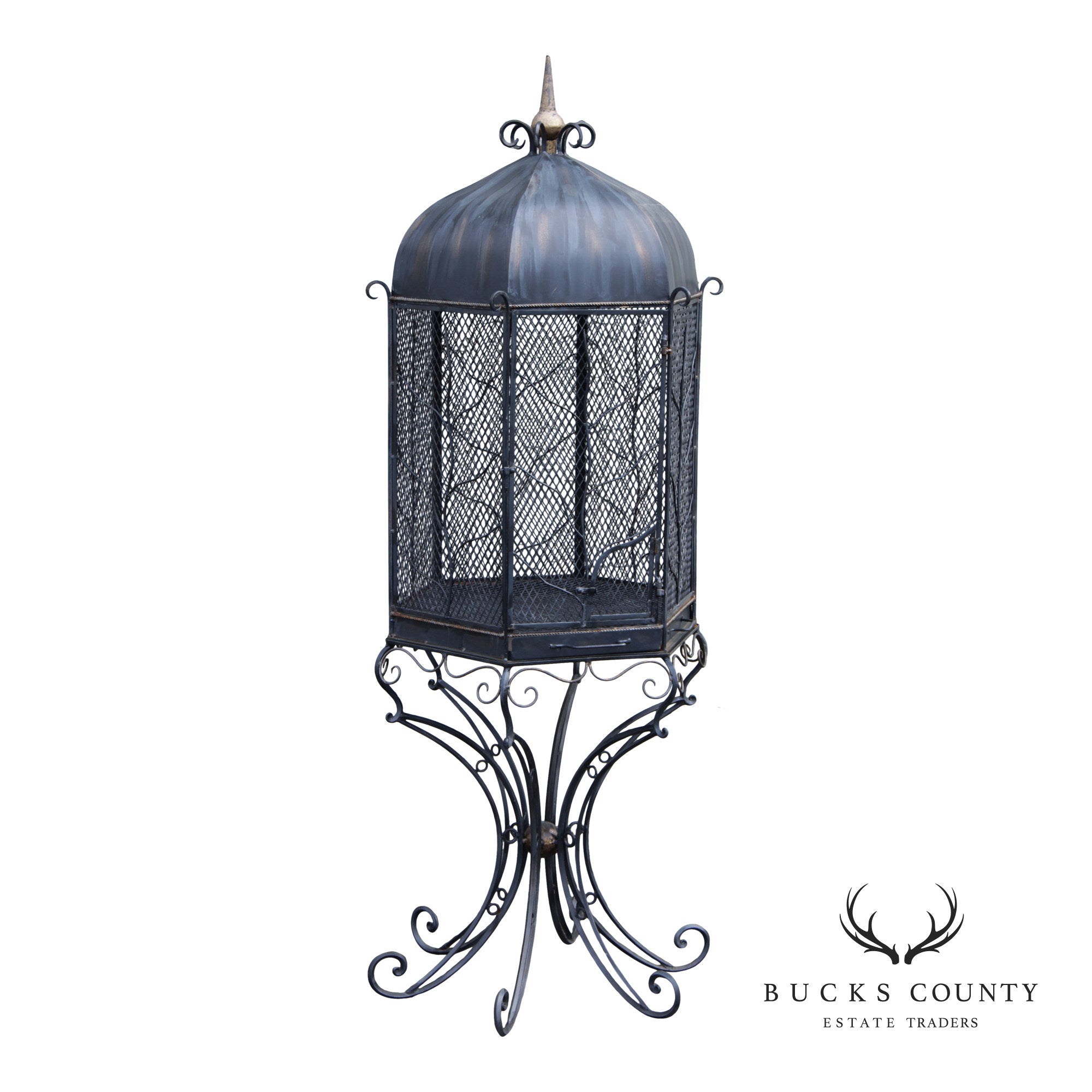 Vintage Wrought Iron Garden Bird Cage On Stand