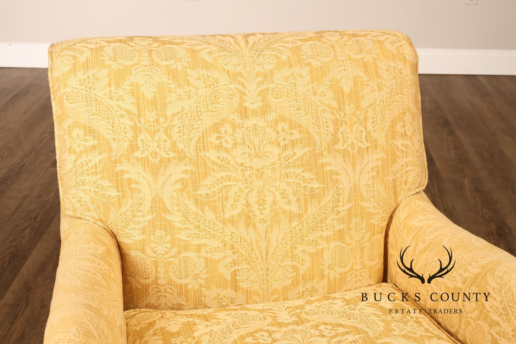 Custom Pair Of Skirted Damask Upholstered Lounge Chairs