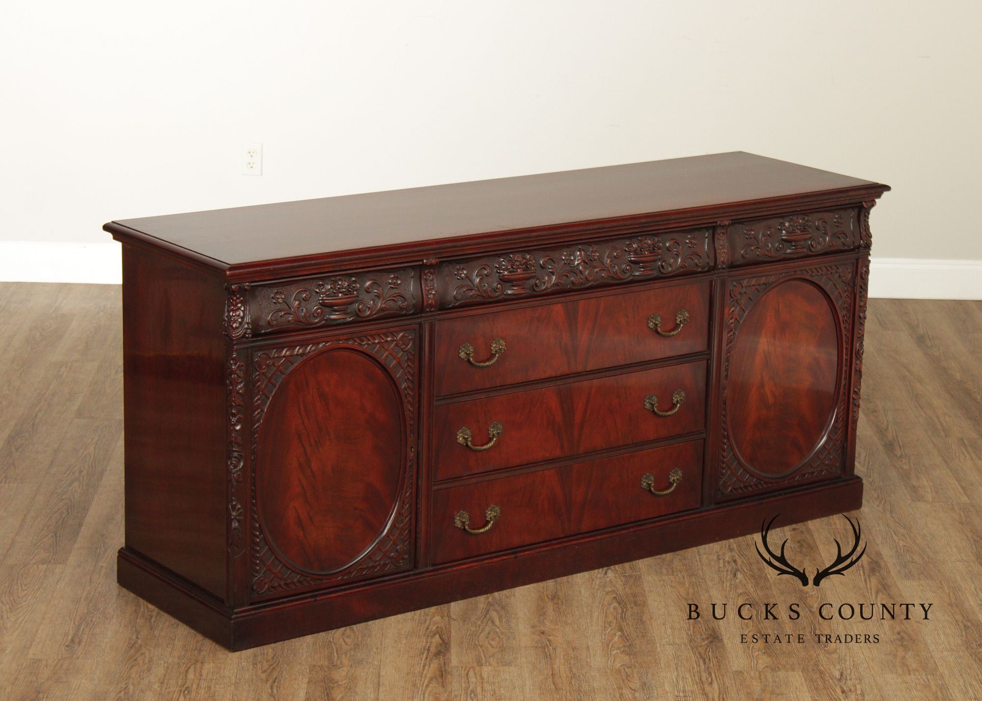 1940's Vintage Georgian Style Carved Mahogany Sideboard Buffet