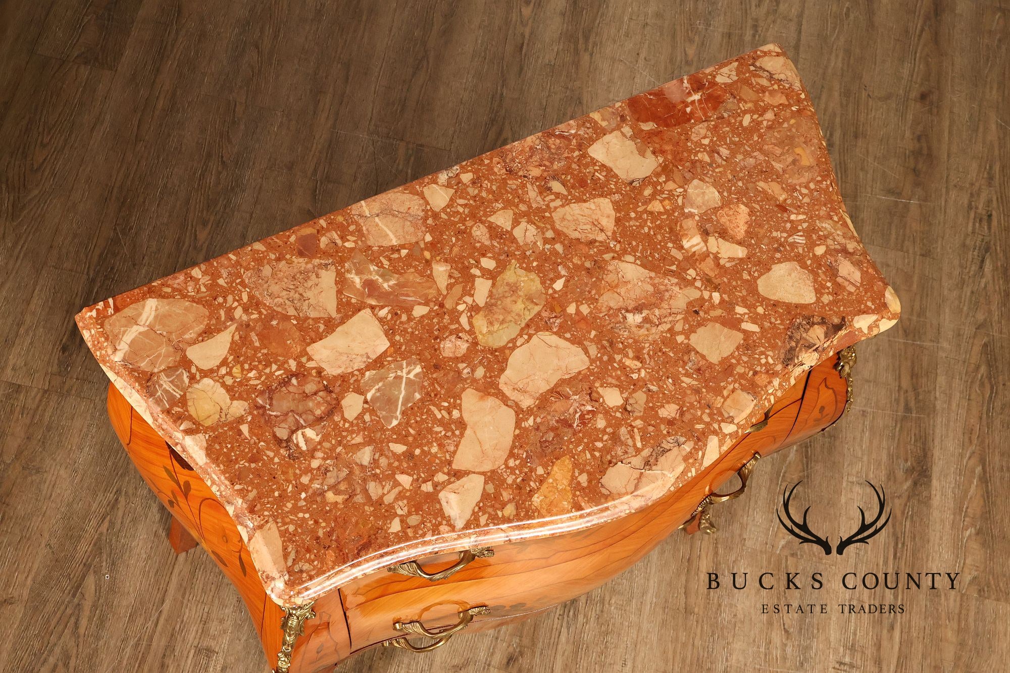 Italian Louis XV Style Marquetry Inlaid Marble Top Bombe Chest Commode