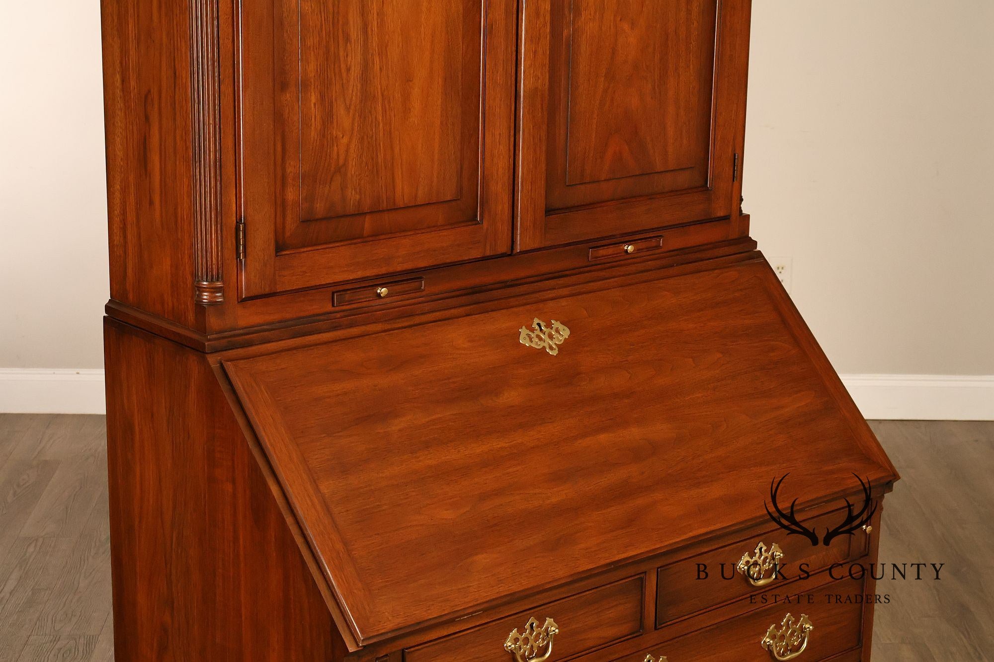 HENKEL HARRIS CHIPPENDALE STYLE TWO PART BLACK WALNUT BLIND DOOR SECRETARY DESK