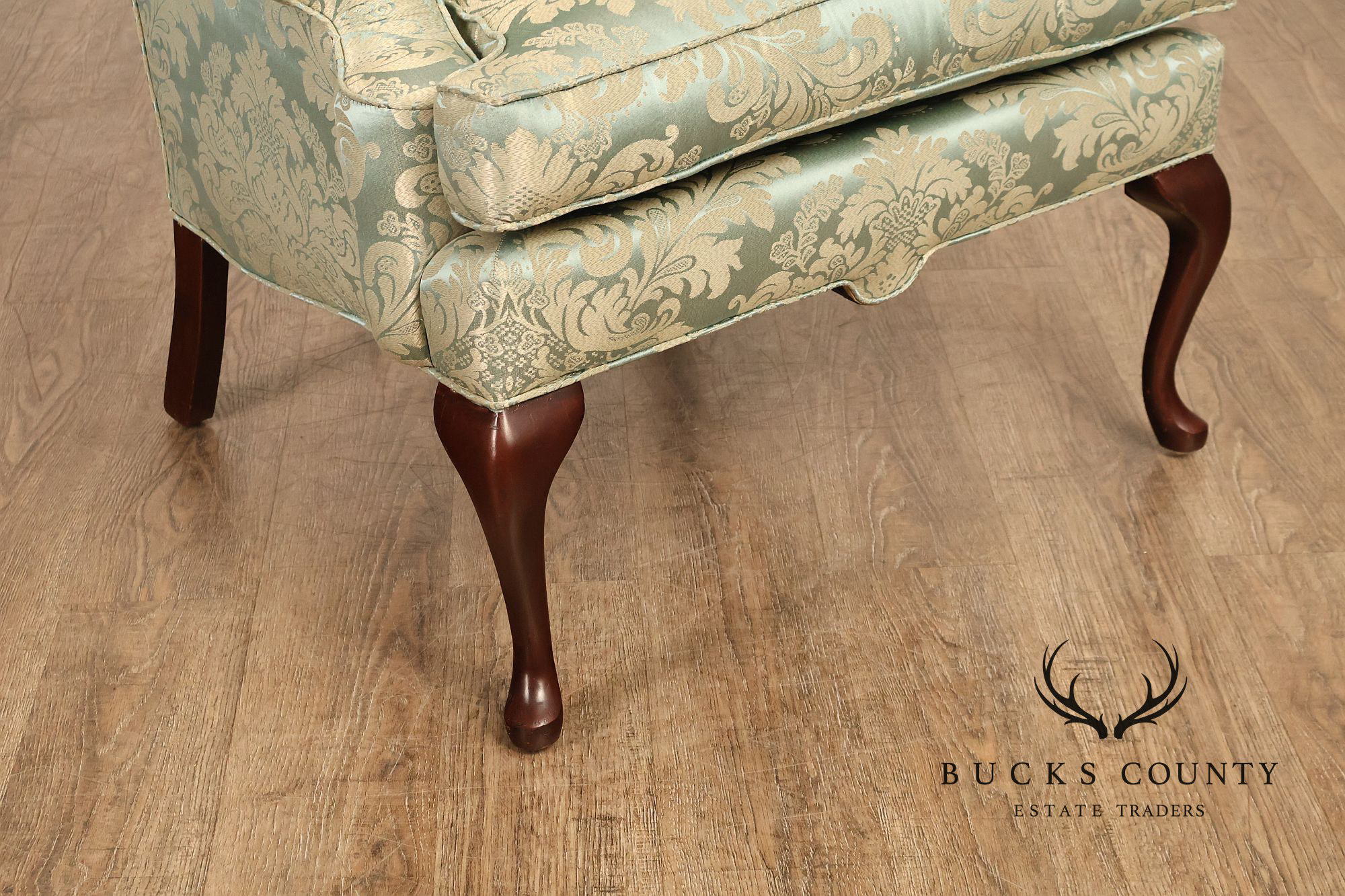 Quality Vintage Pair Of High Back Damask Upholstered Wing Chairs