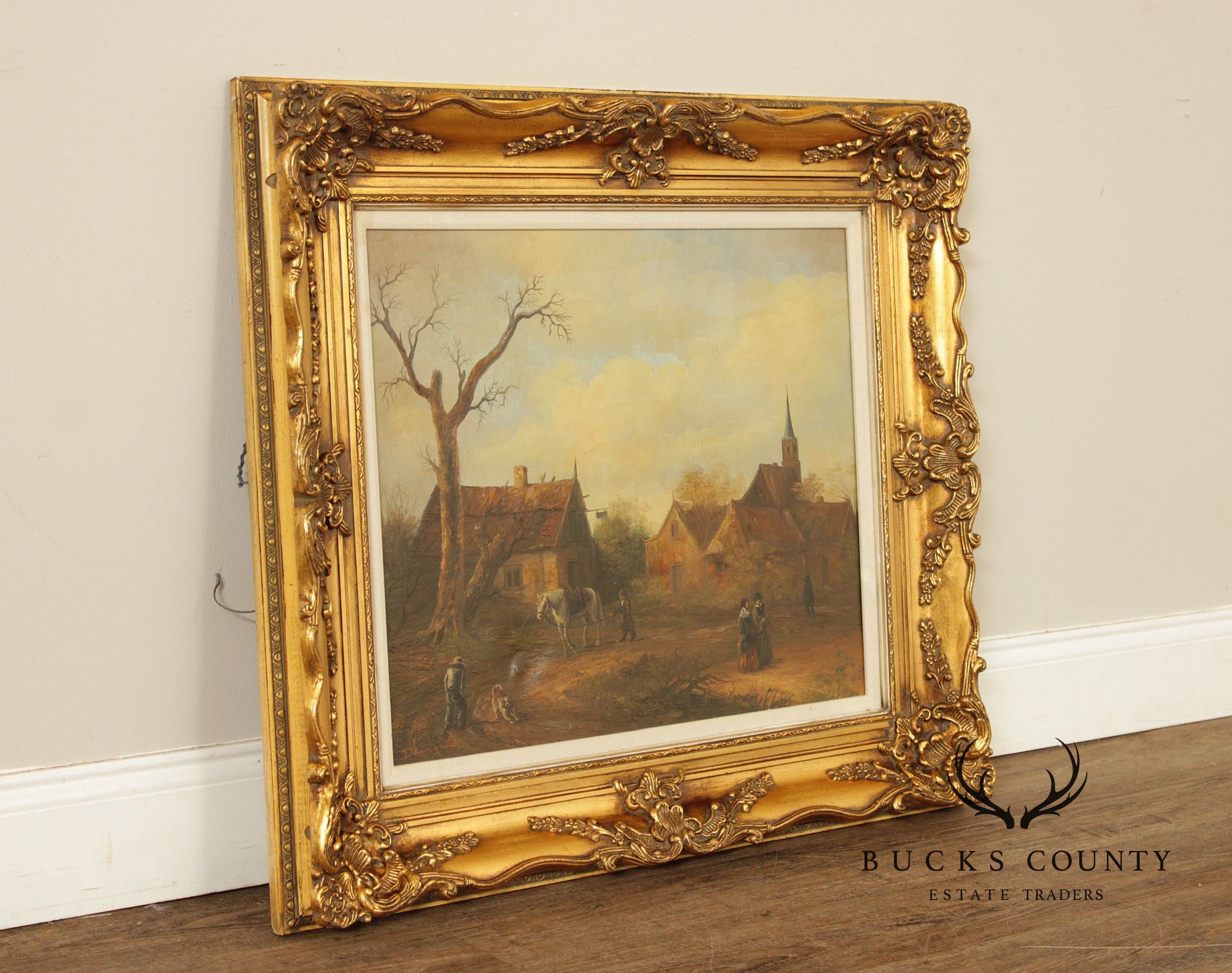 Artist Signed Genre Painting, Bucolic Village