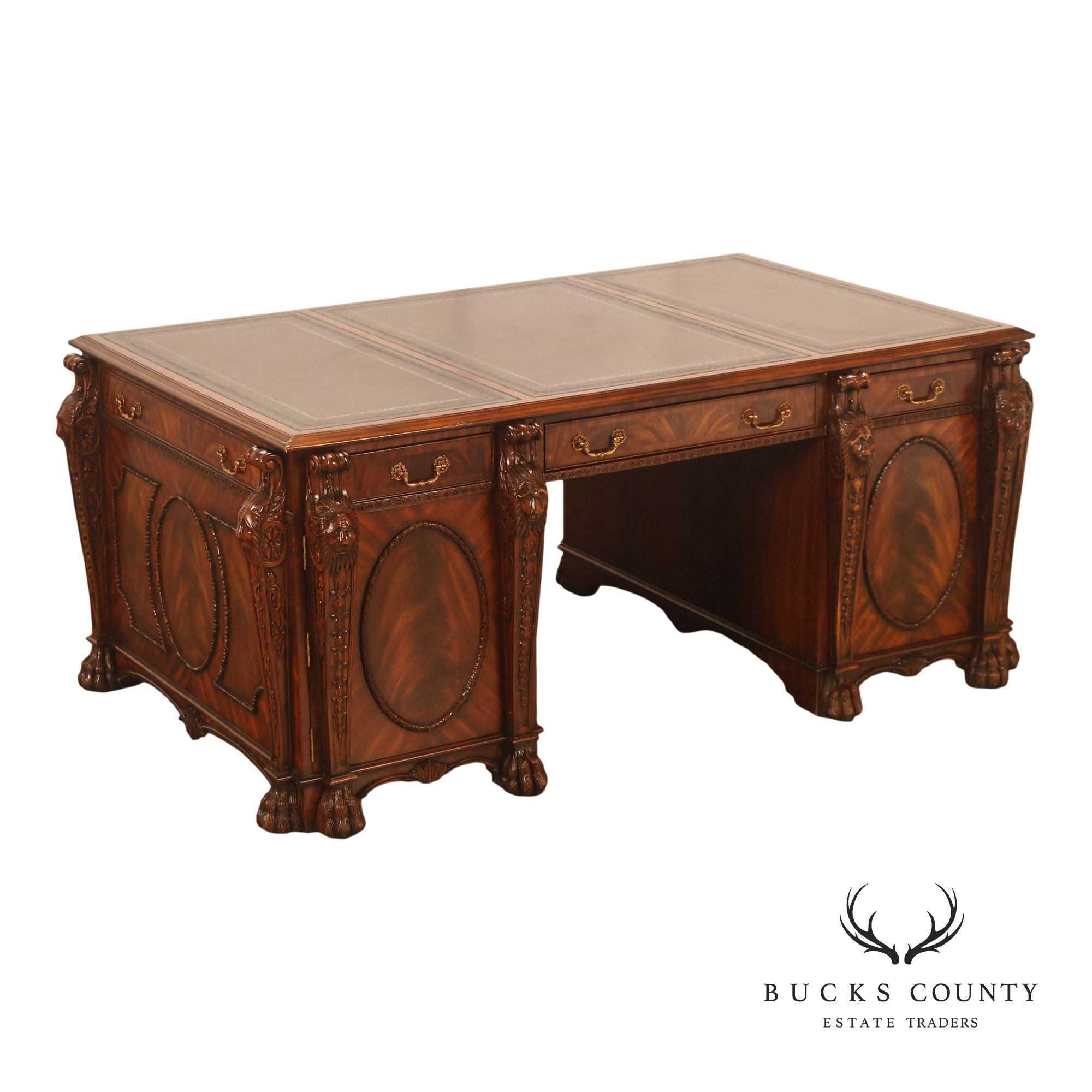 Maitland-Smith Carved Mahogany Leather Top Executive Partner's Desk