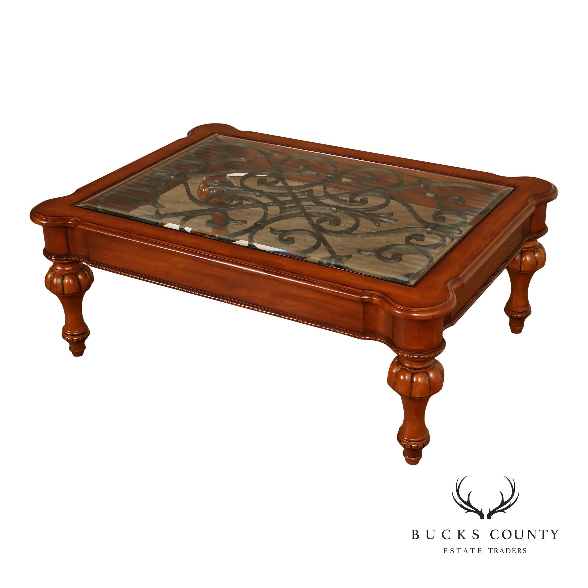 Ethan Allen Tuscany Glass Top Coffee Table With Iron Scroll Base