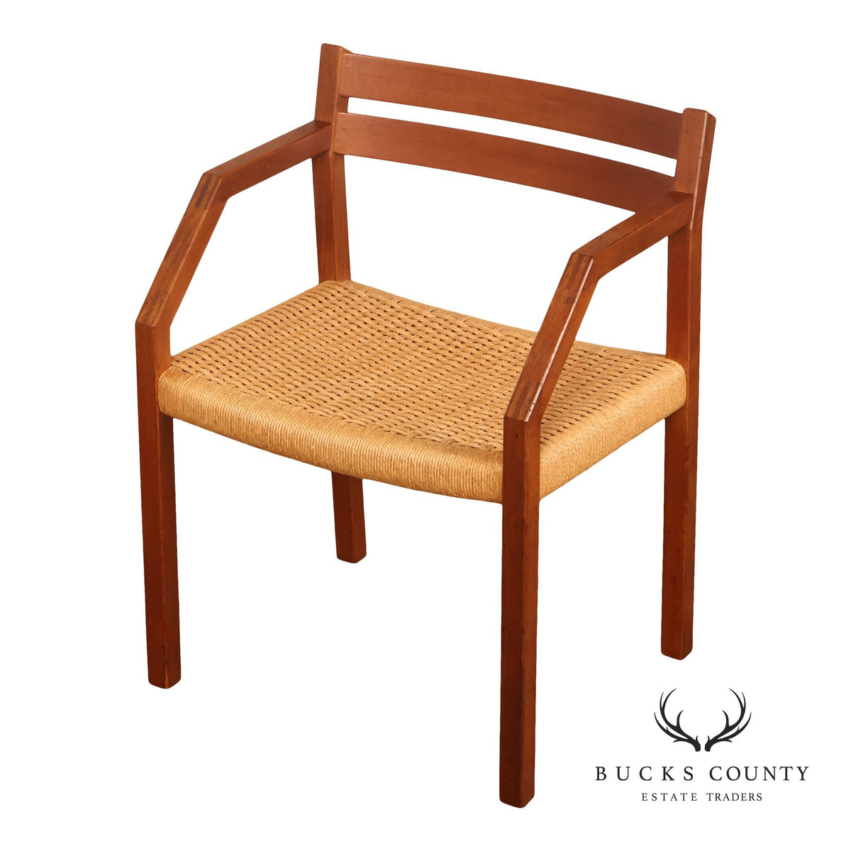 Mid-Century Modern Teak Armchair With Woven Rush Seat