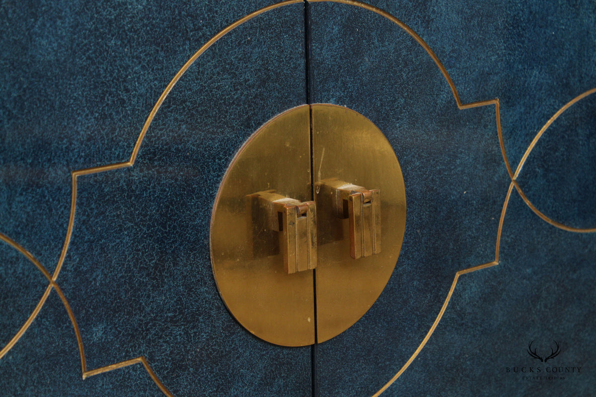 Hollywood Regency Blue Lacquered and Brass Sideboard
