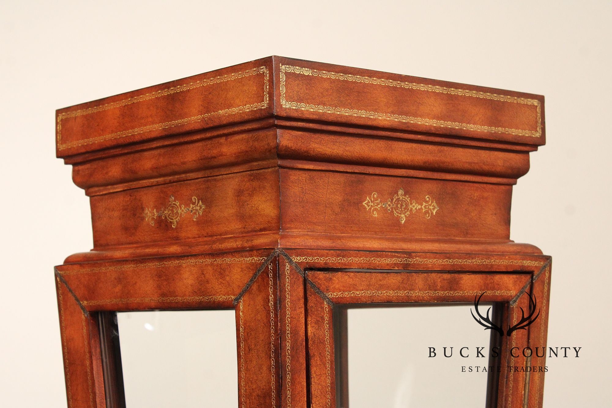 Maitland Smith Leather Wrapped Pedestal Display Cabinet