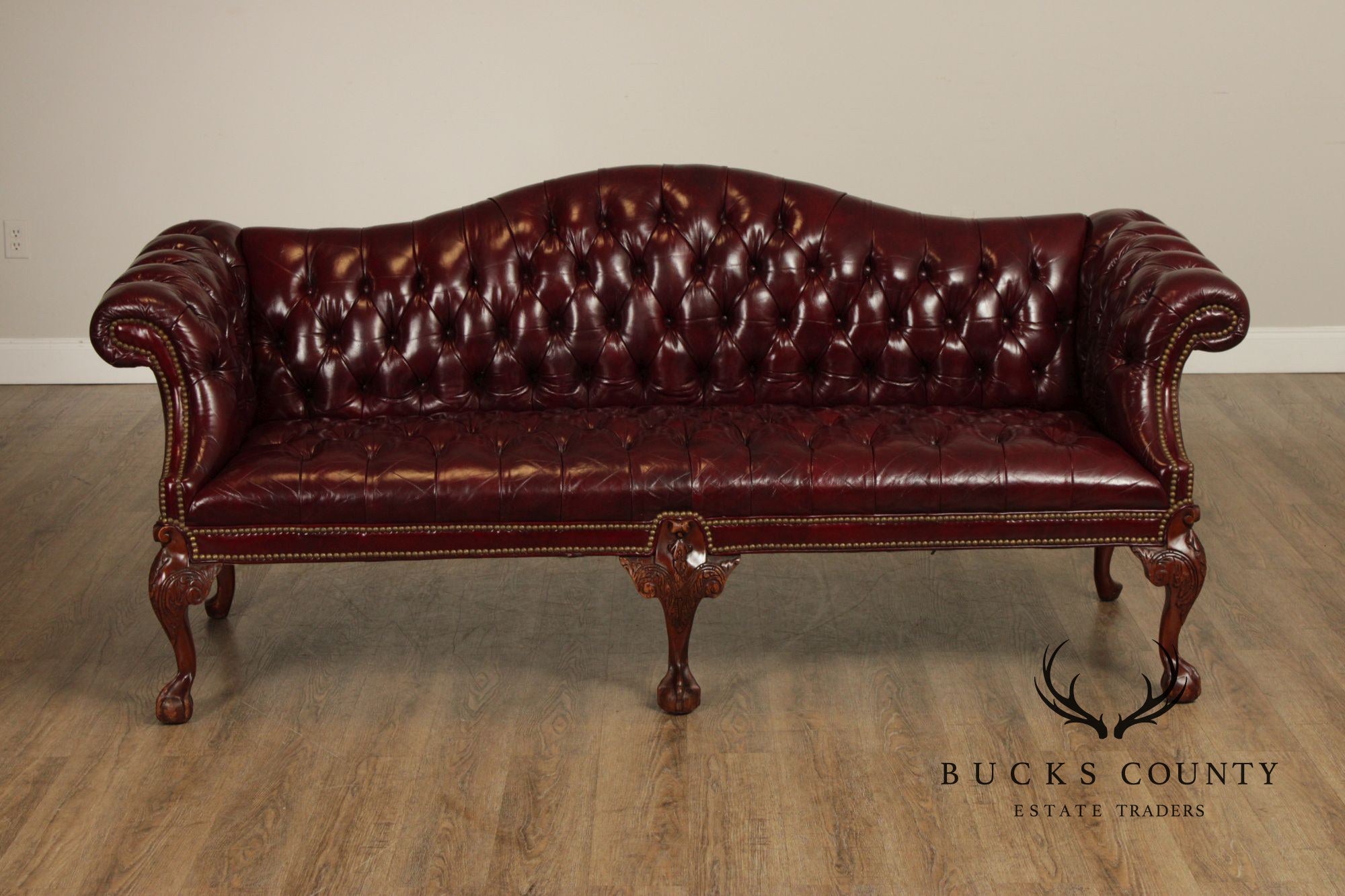 Chippendale Style Tufted Leather Chesterfield Camelback Sofa