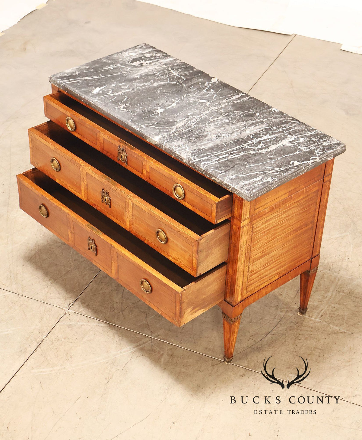 Antique French Neoclassical Marble Top Inlaid Three Drawer Chest