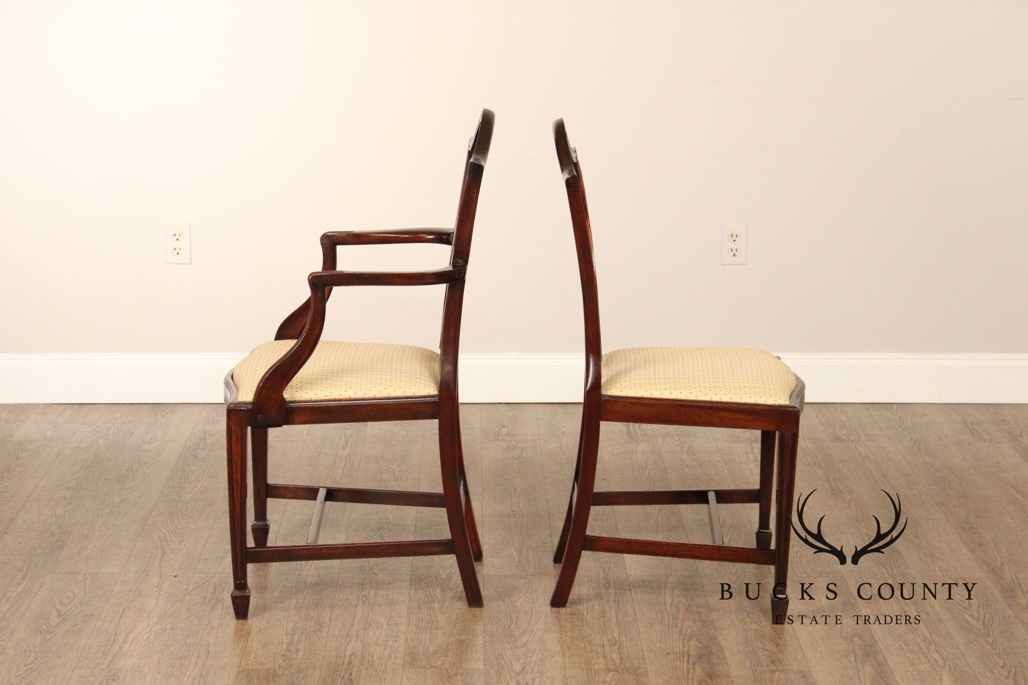 George III Style Quality Set Of Eight Carved Mahogany Shield Back Dining Chairs