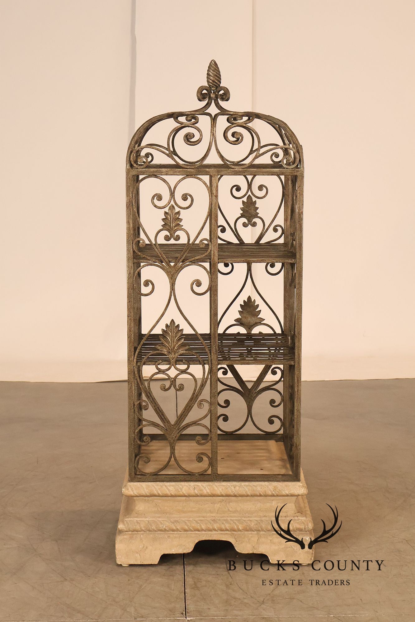 French Baroque Style Wrought Iron Scrollwork Birdcage Etagere Display Shelf