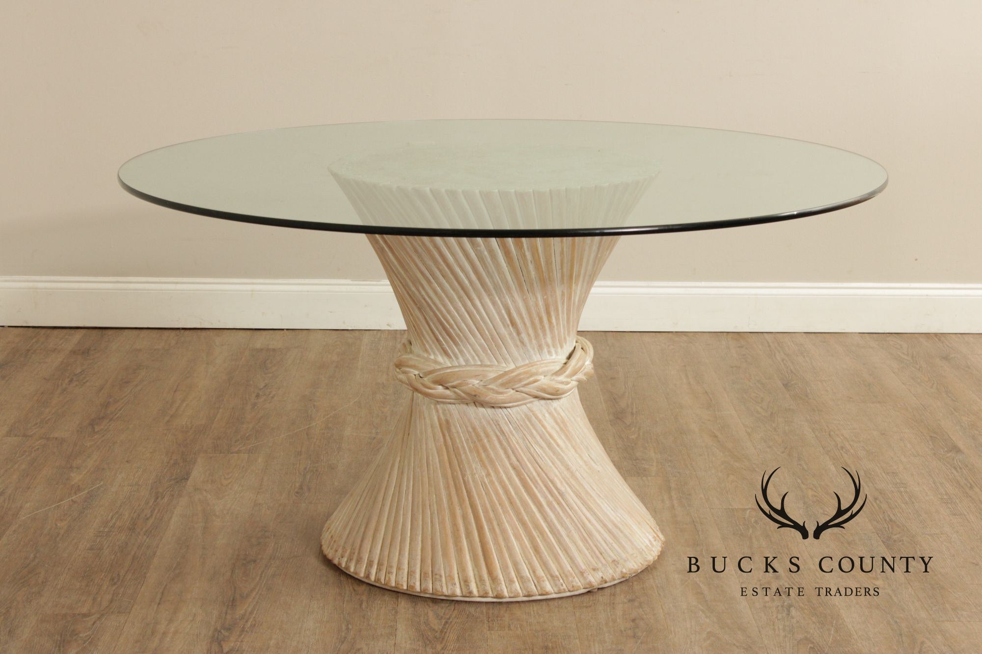 Hollywood Regency Rattan Wheat Sheaf Round Glass Top Pedestal Dining Table