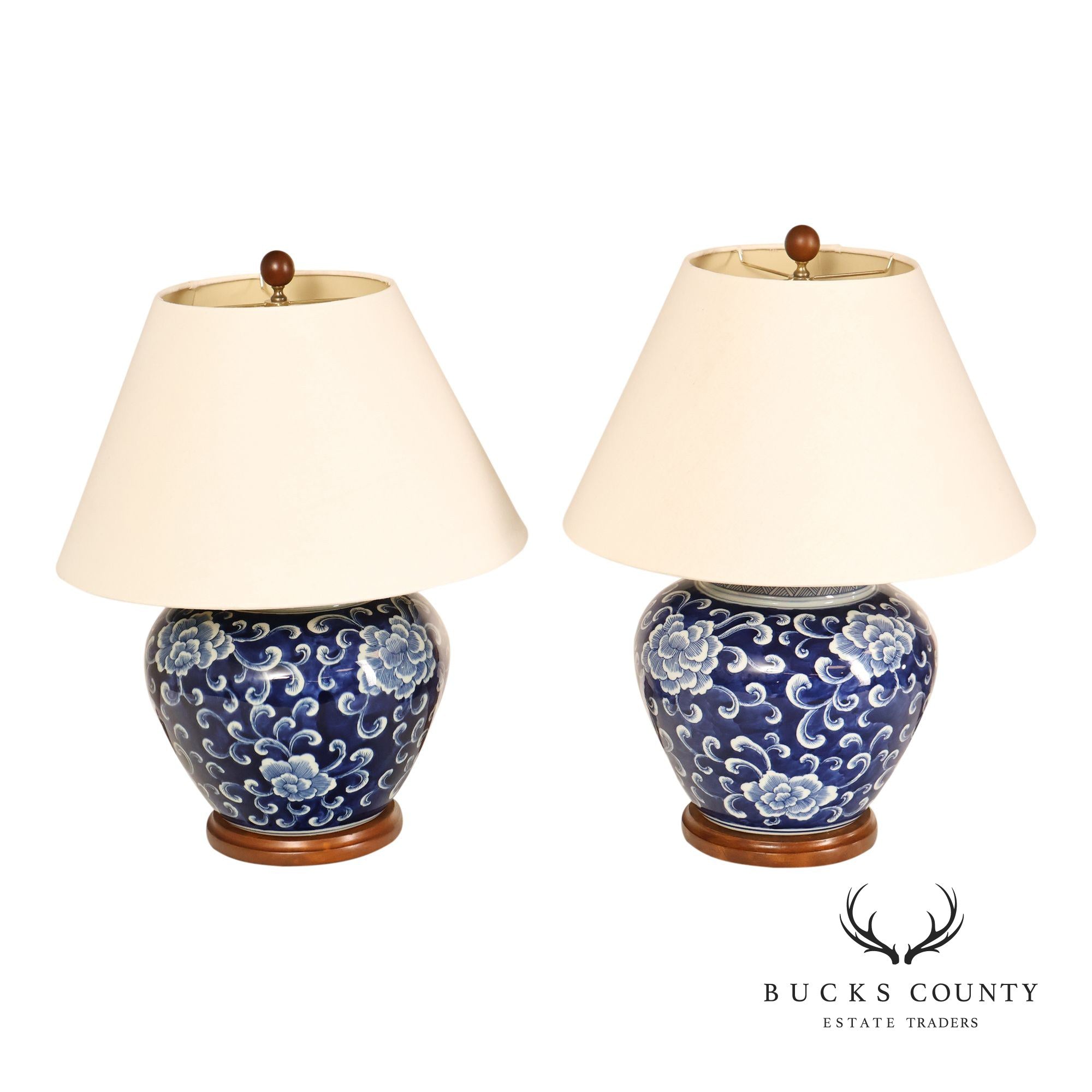 Ralph Lauren Asian Style Pair of Blue And White Ginger Jar Table Lamps