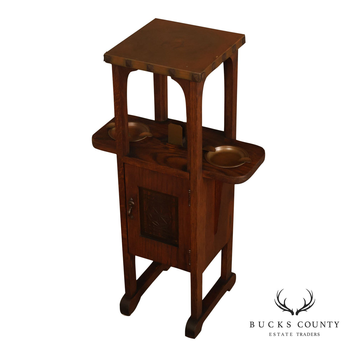 Antique Mission Arts And Crafts Oak Smoking Stand With Copper Ashtrays