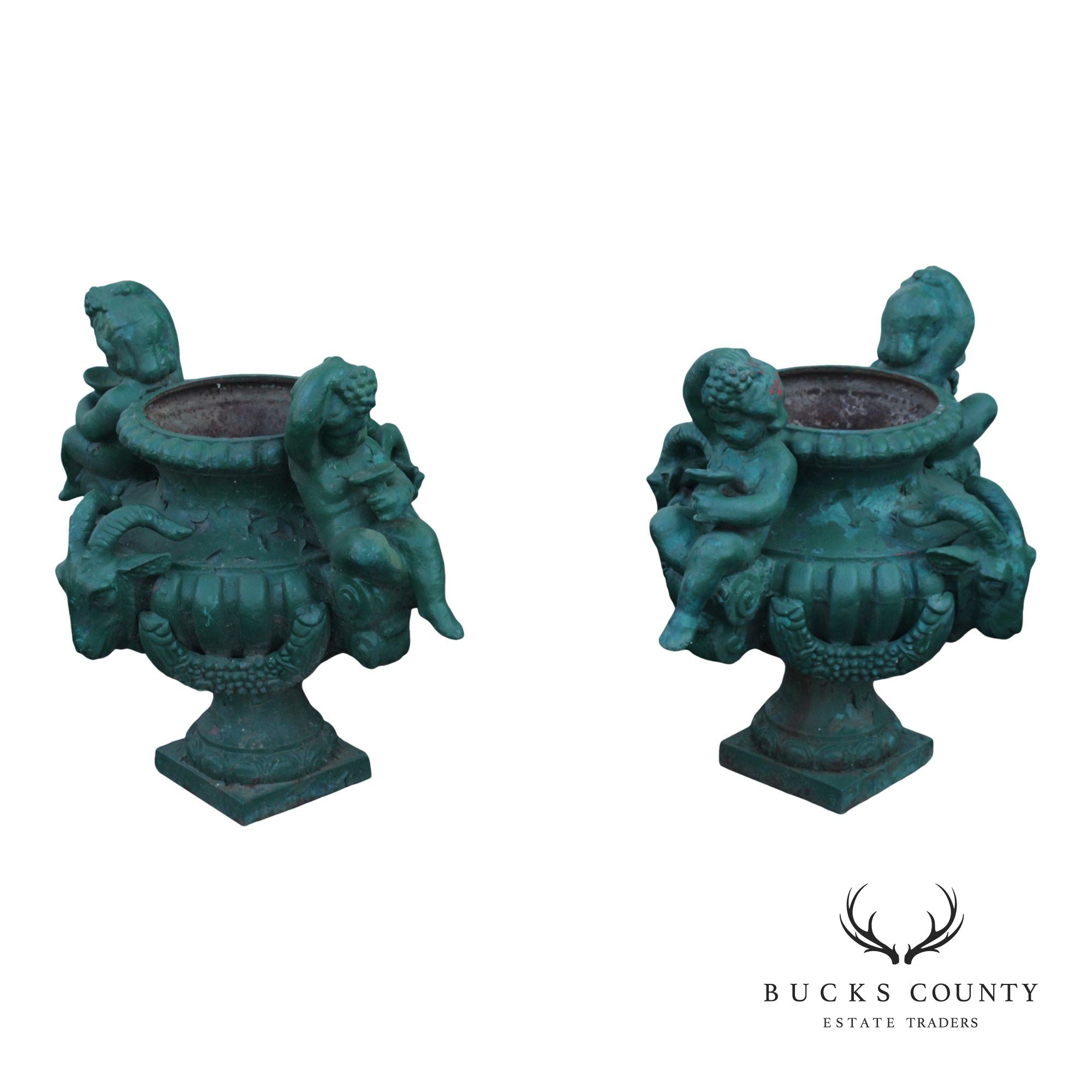 Antique Cast Iron Pair Of Cherub Garden Urn Planters