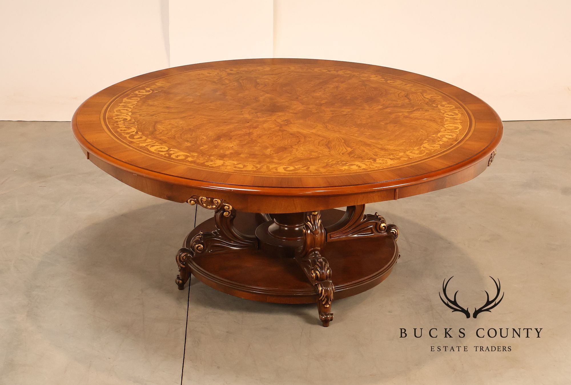 Italian 72" Round Inlaid Burl Wood Dining Table With Lazy Susan