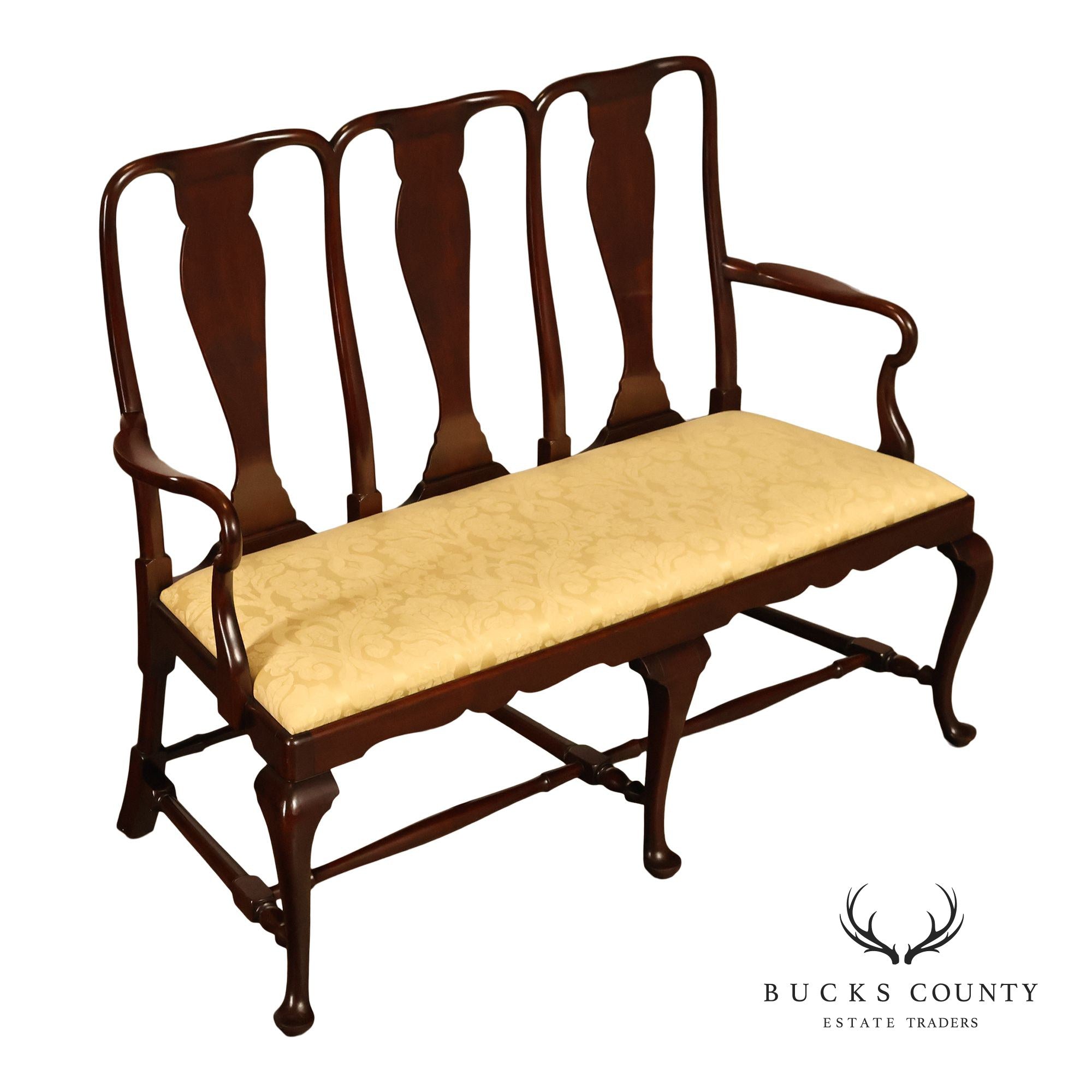 Queen Anne Style Custom Mahogany Triple Back Upholstered Settee