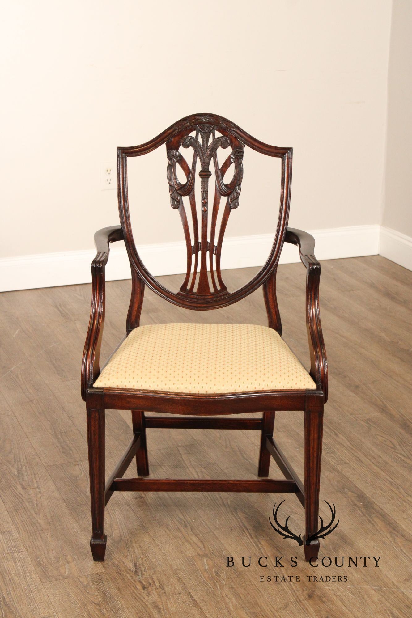 George III Style Quality Set Of Eight Carved Mahogany Shield Back Dining Chairs