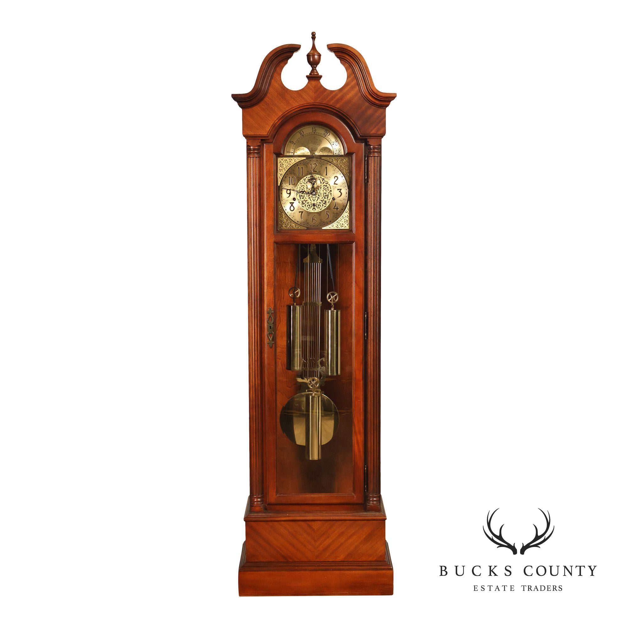 Howard Miller Mahogany Grandfather Clock With Brass Dial And Weights