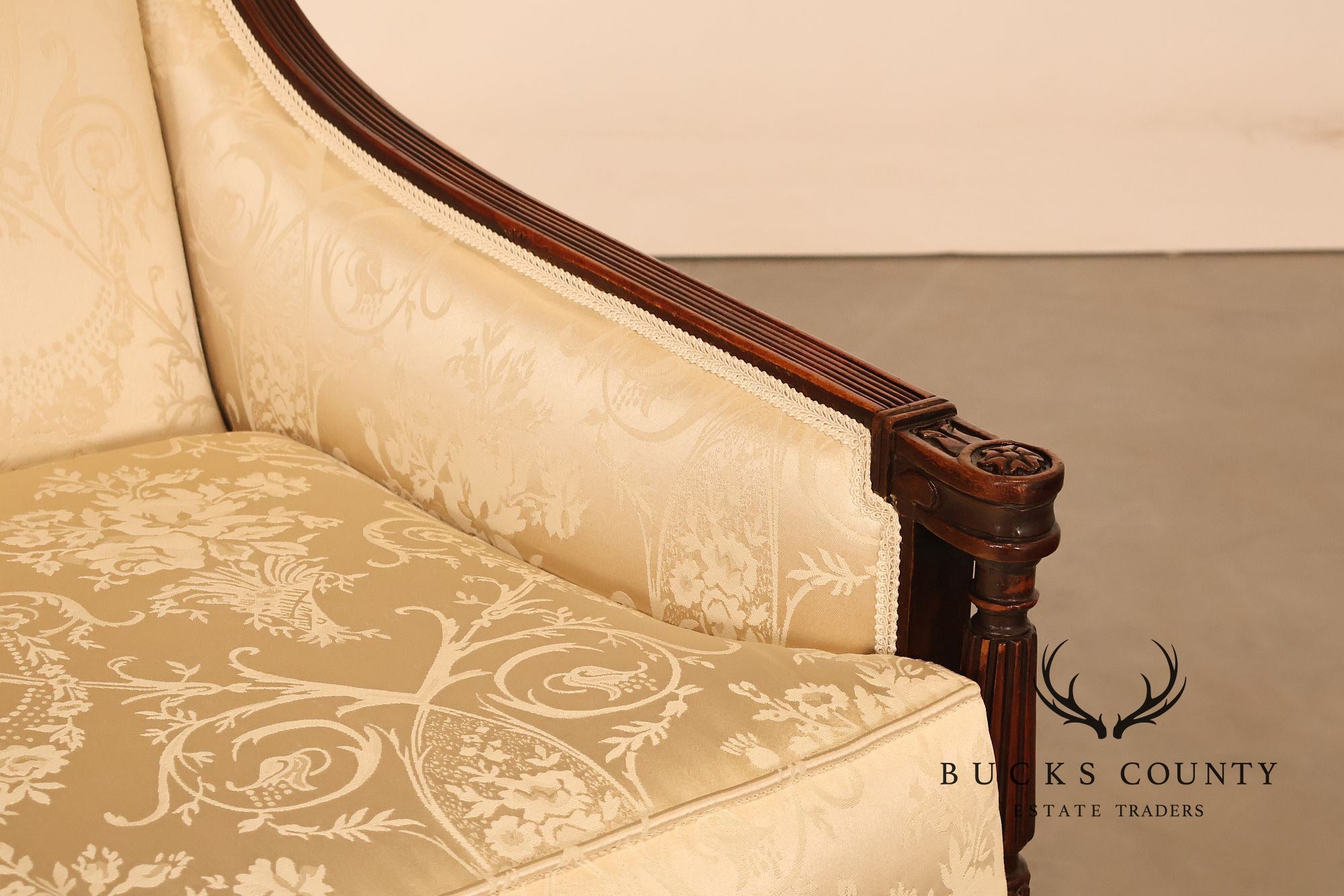 Federal Sheraton Style Upholstered Sofa With Carved Wood Frame