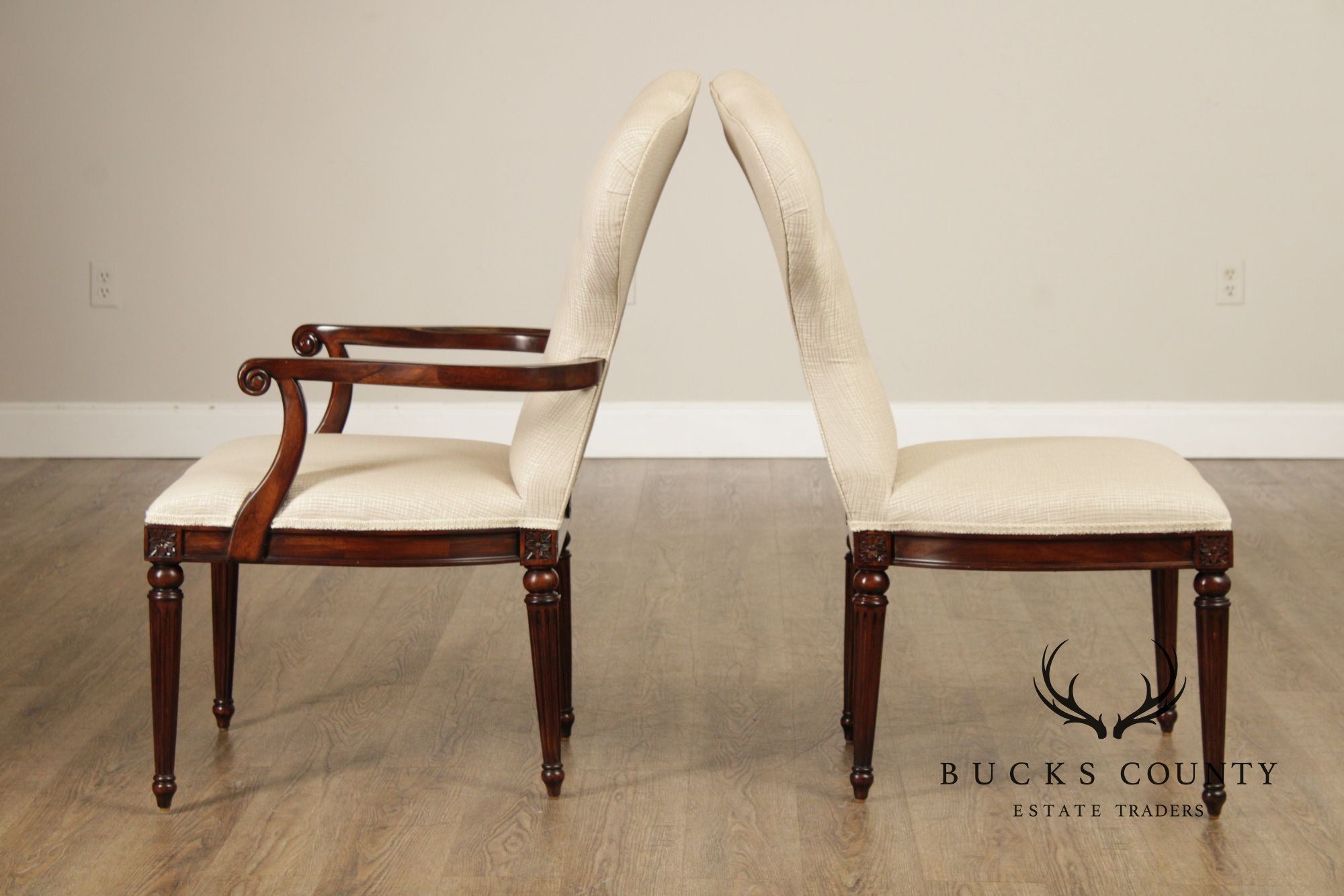 Maitland Smith French Louis XVI Style Set of Eight Mahogany and Upholstered Dining Chairs