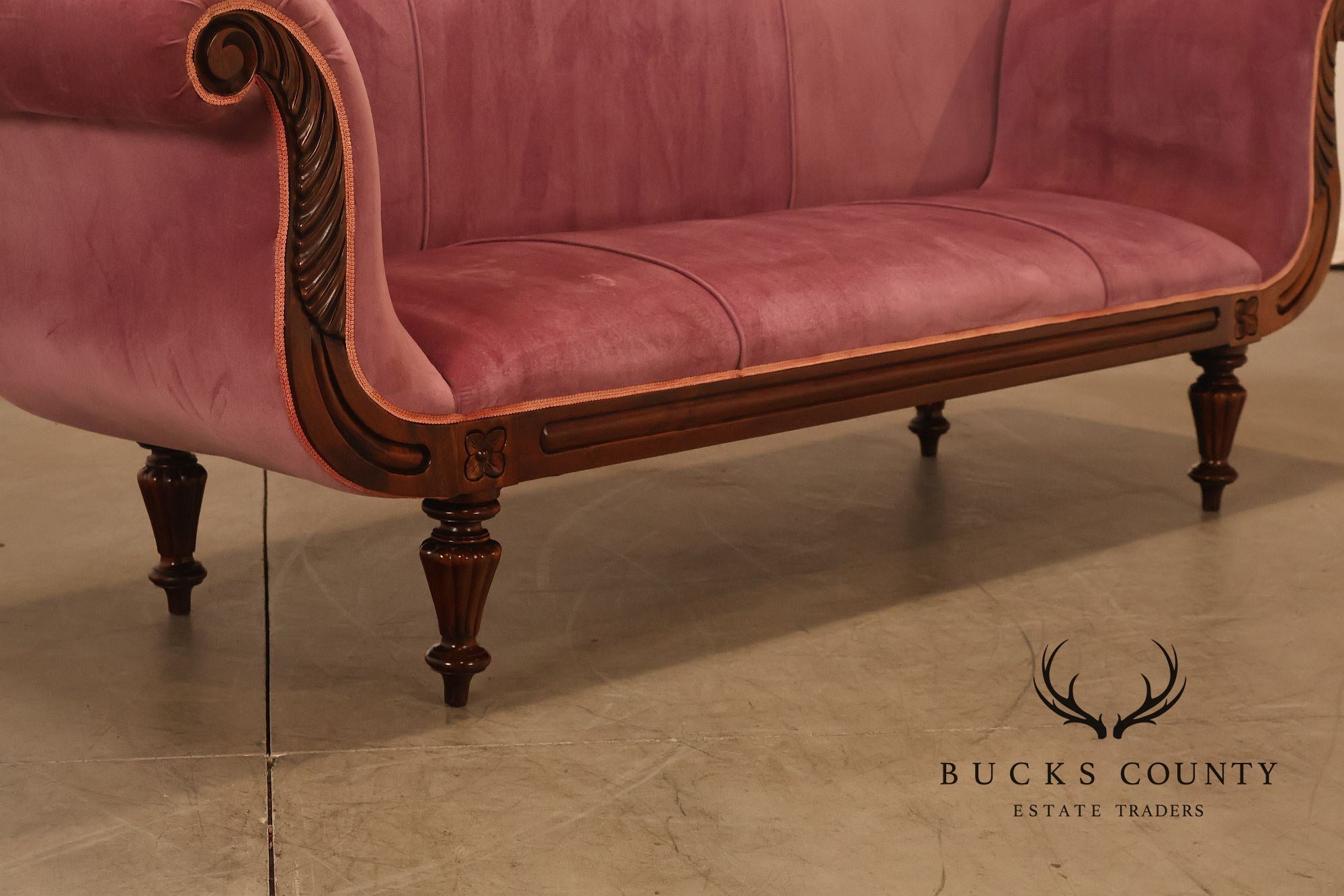 Victorian Style Mahogany Carved Wood Framed Pink Velour Upholstered Sofa