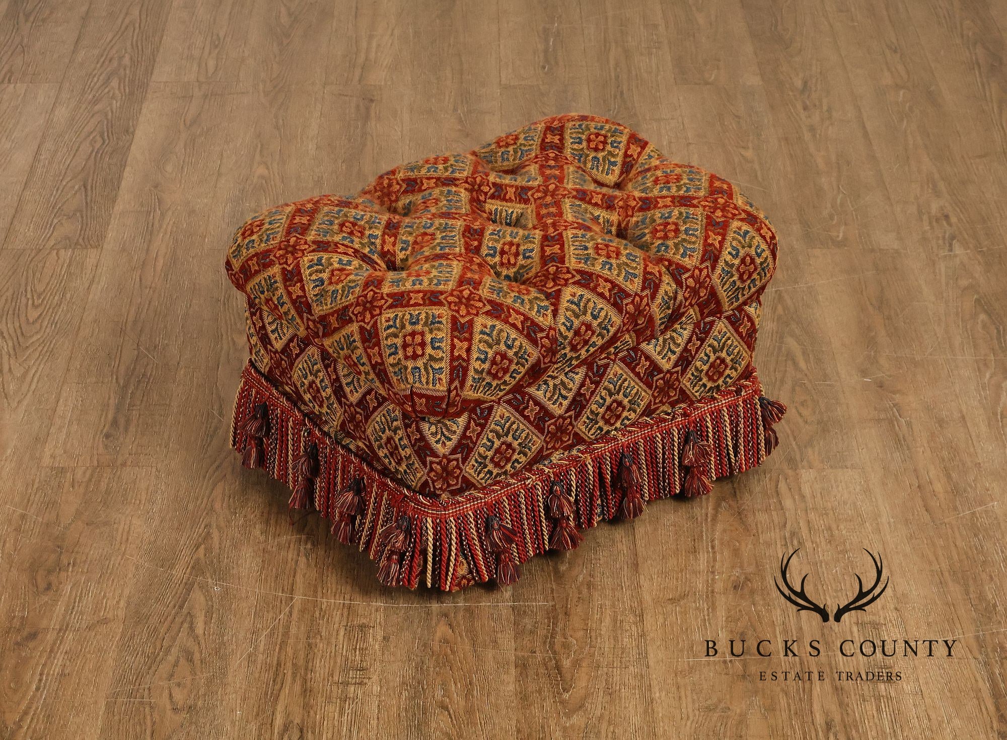 Pair of Tufted Upholstered Tassel Fringe Footstools Ottomans