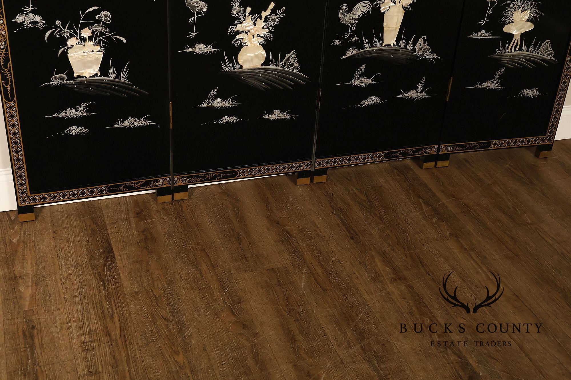 Asian Black Lacquer Vintage Pair Of Four Panel Folding Screens With Mother Of Pearl Inlay