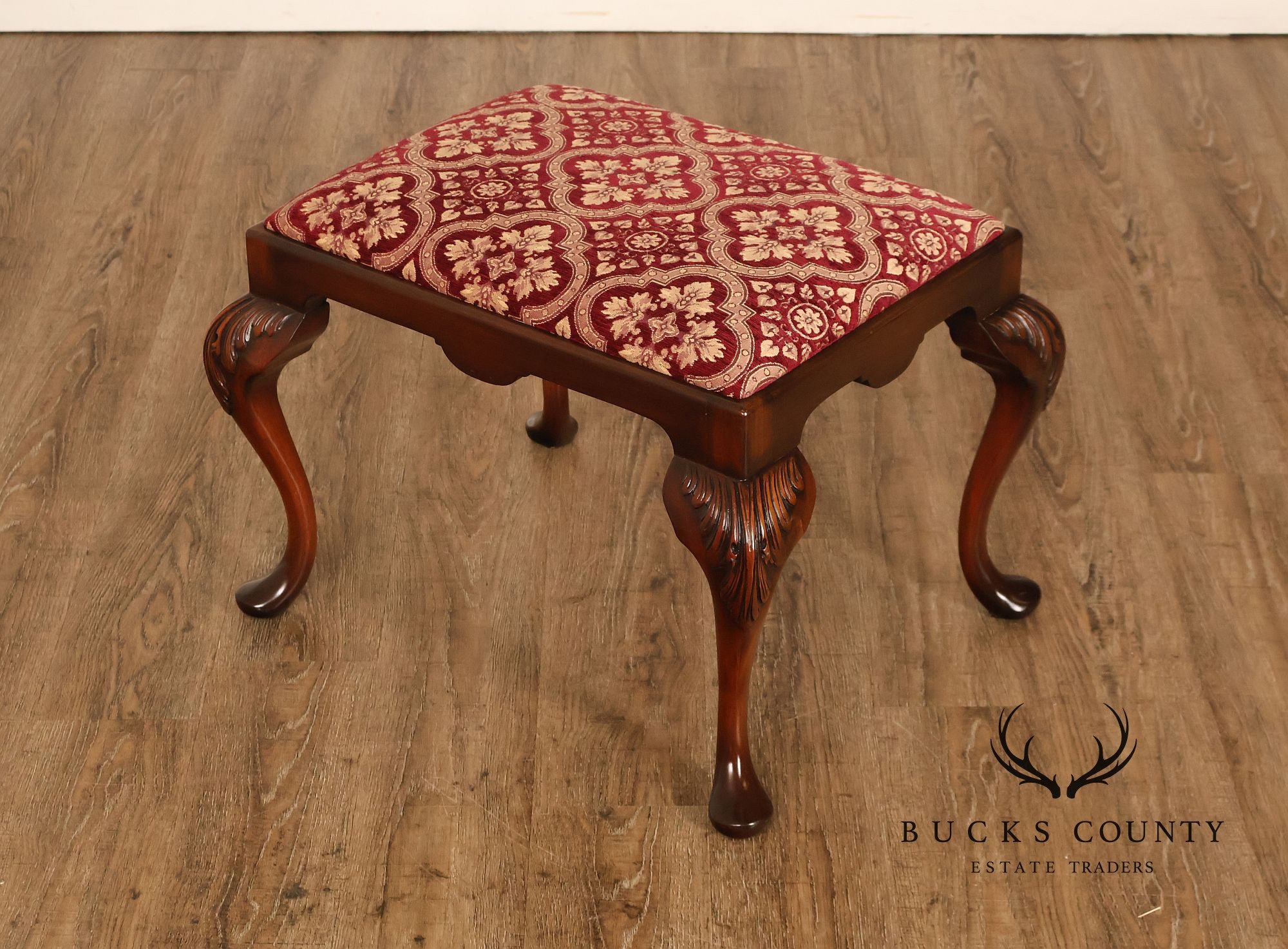 Smith & Watson Georgian Style Carved Mahogany Upholstered Stool