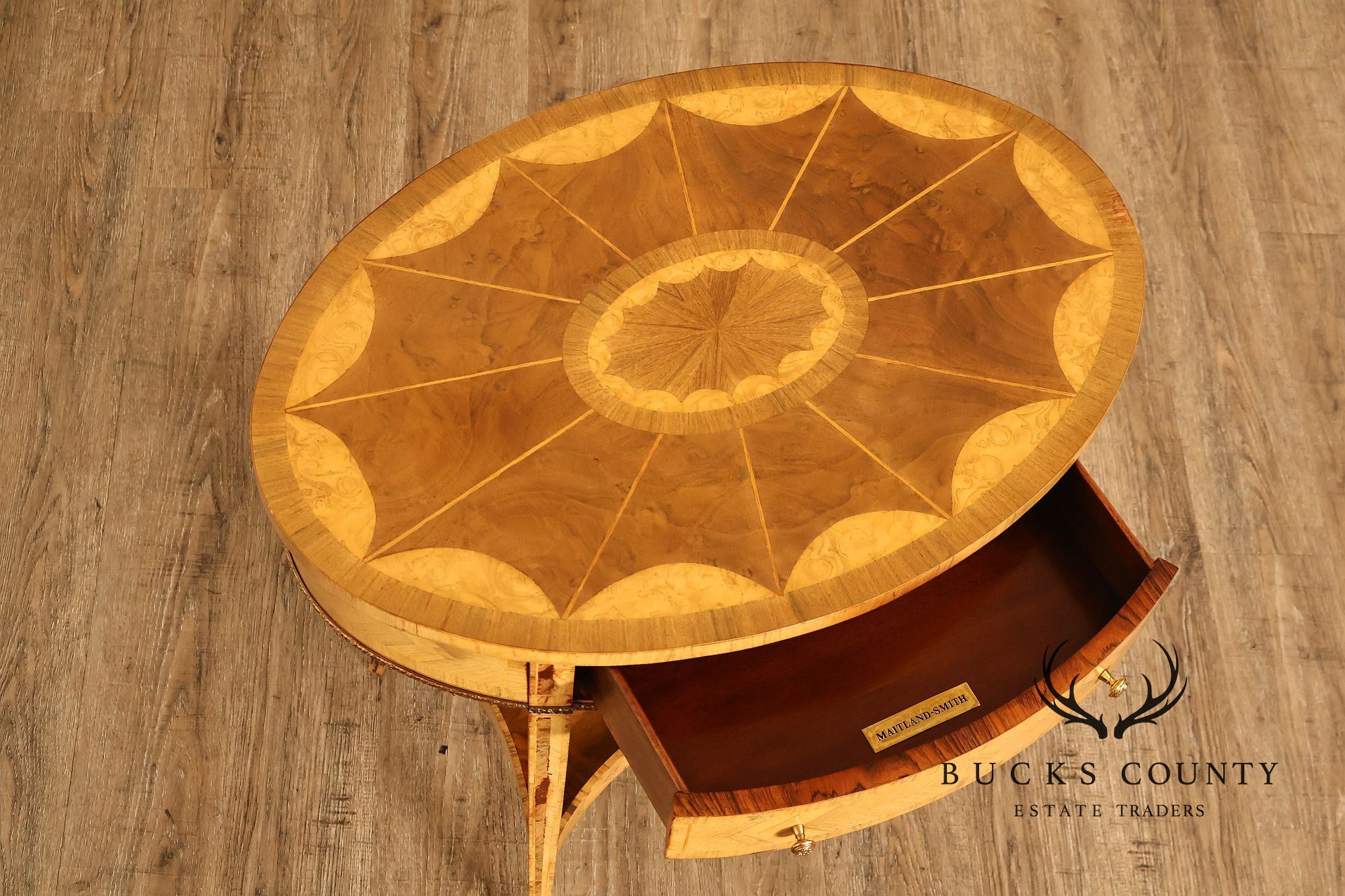 Maitland Smith Two-Tier Mixed Wood Sunburst Occasional Table