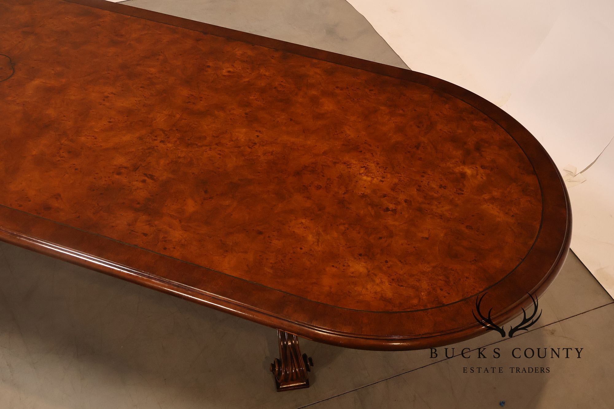 Dessin Fournir Banded Burlwood Large Double Pedestal Banquet Dining Table