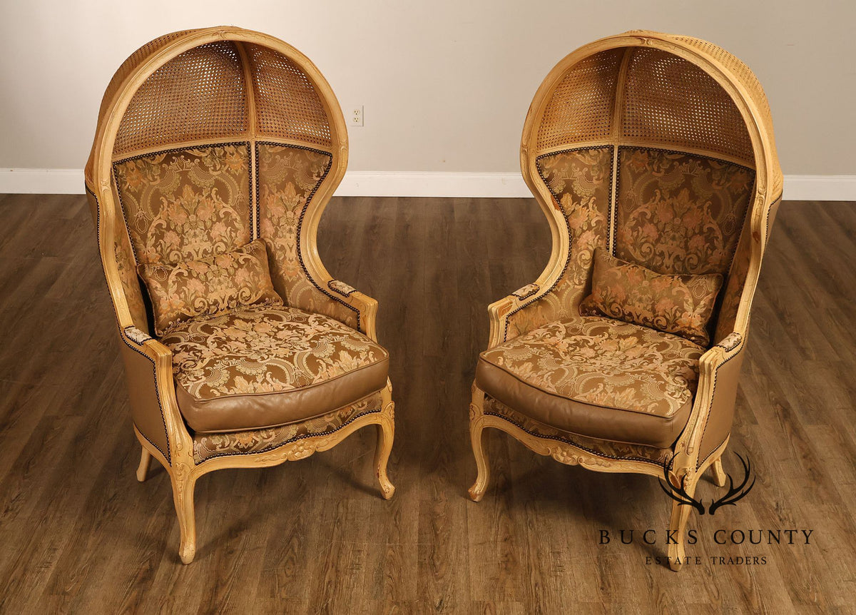 Old Hickory Tannery French Louis XV Style Pair Of Cane And Leather Hooded Porter Chairs